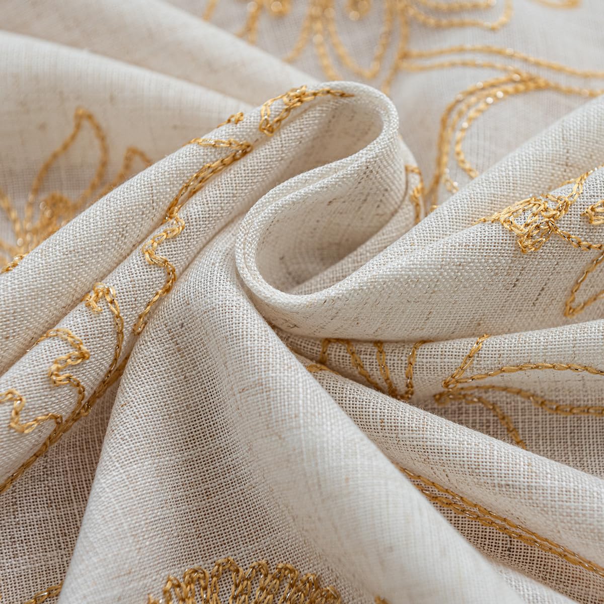 LSsudayin Embroidered Linen Blend Curtains for Bedroom, Living Room, Bohemian Semi-Blackout Floral Window Treatments with Backing Rod Pocket Hooks Beige Gold Matching Curtains 2 Piece 96 Inch Gold