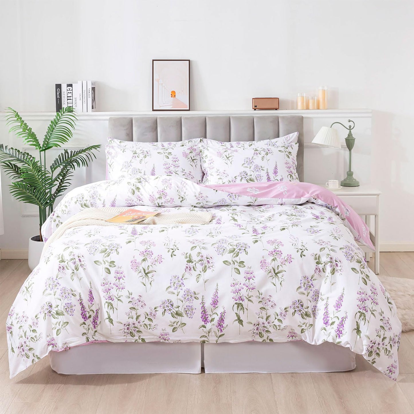 FADFAY Purple White Floral Duvet Cover Sets King/Cal King 100% Cotton Lilac Lavender Reversible Comforter Cover French Country Bedding All Season Soft Crisp Green Leaves Bed Cover with Zipper 3Pcs