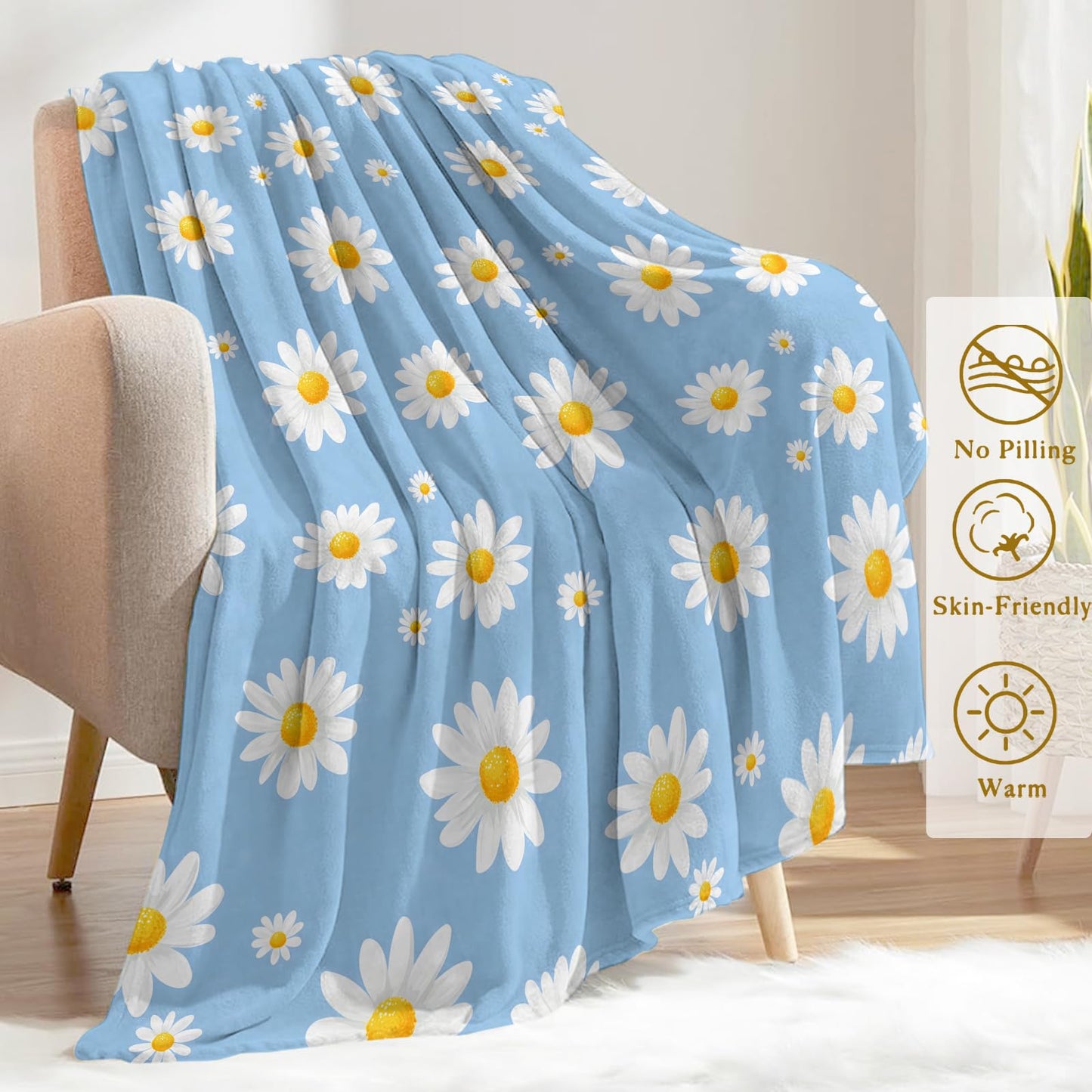ainori Daisy Flower Flannel Blanket - Floral Design with White Daisies on Blue Background Throw - Soft Cozy Gifts Blankrts for Spring Decor, Nature Lovers, and Bright Home Room Accents 50x60in