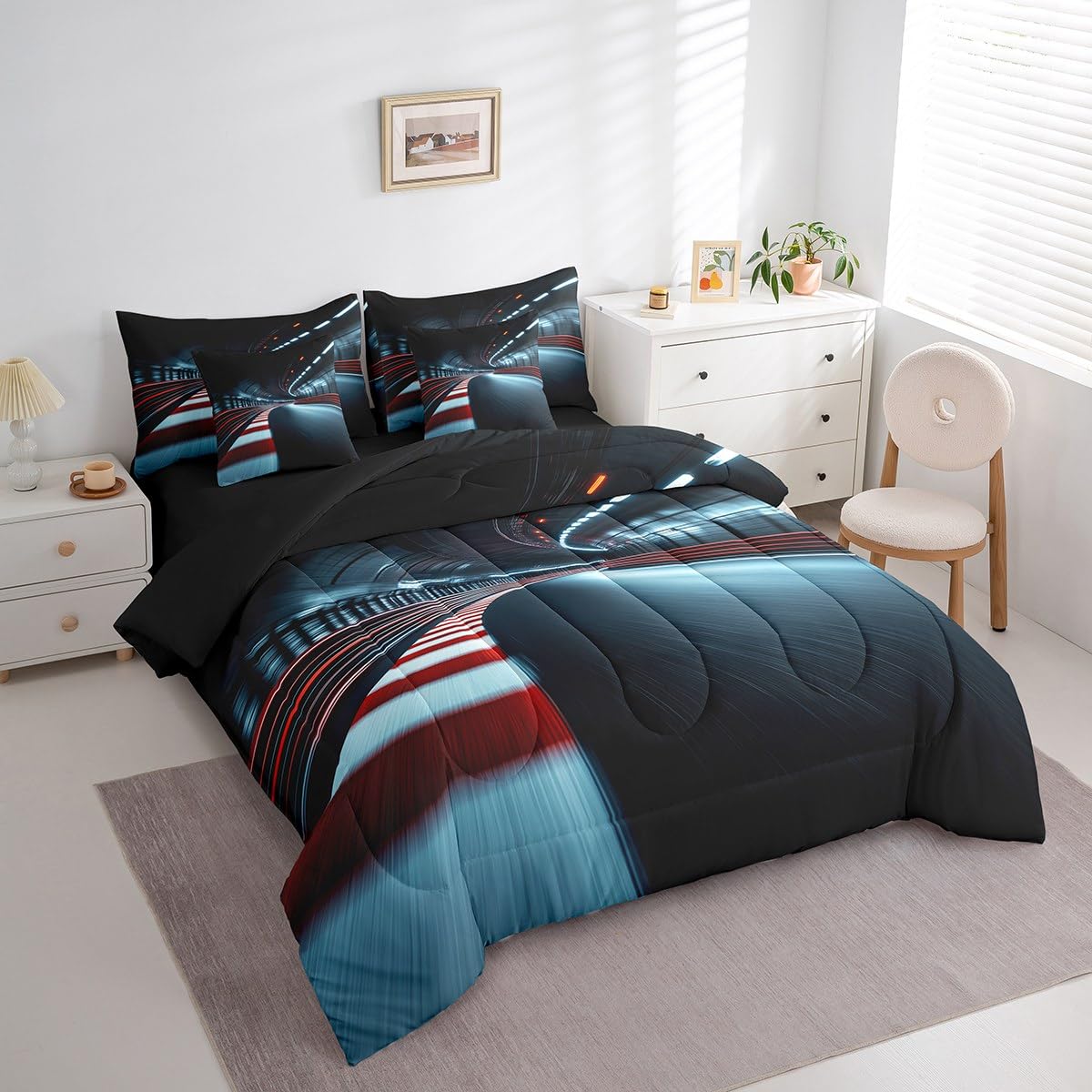 jejeloiu Speed Sports Bed Set Tunnel 7 Pieces Bedding Set for Kids Racing Track Bed in a Bag with Comforter, Sheets, Pillowcases Ultra Soft Extreme Sports All Season Breathable Lightweight Twin Size