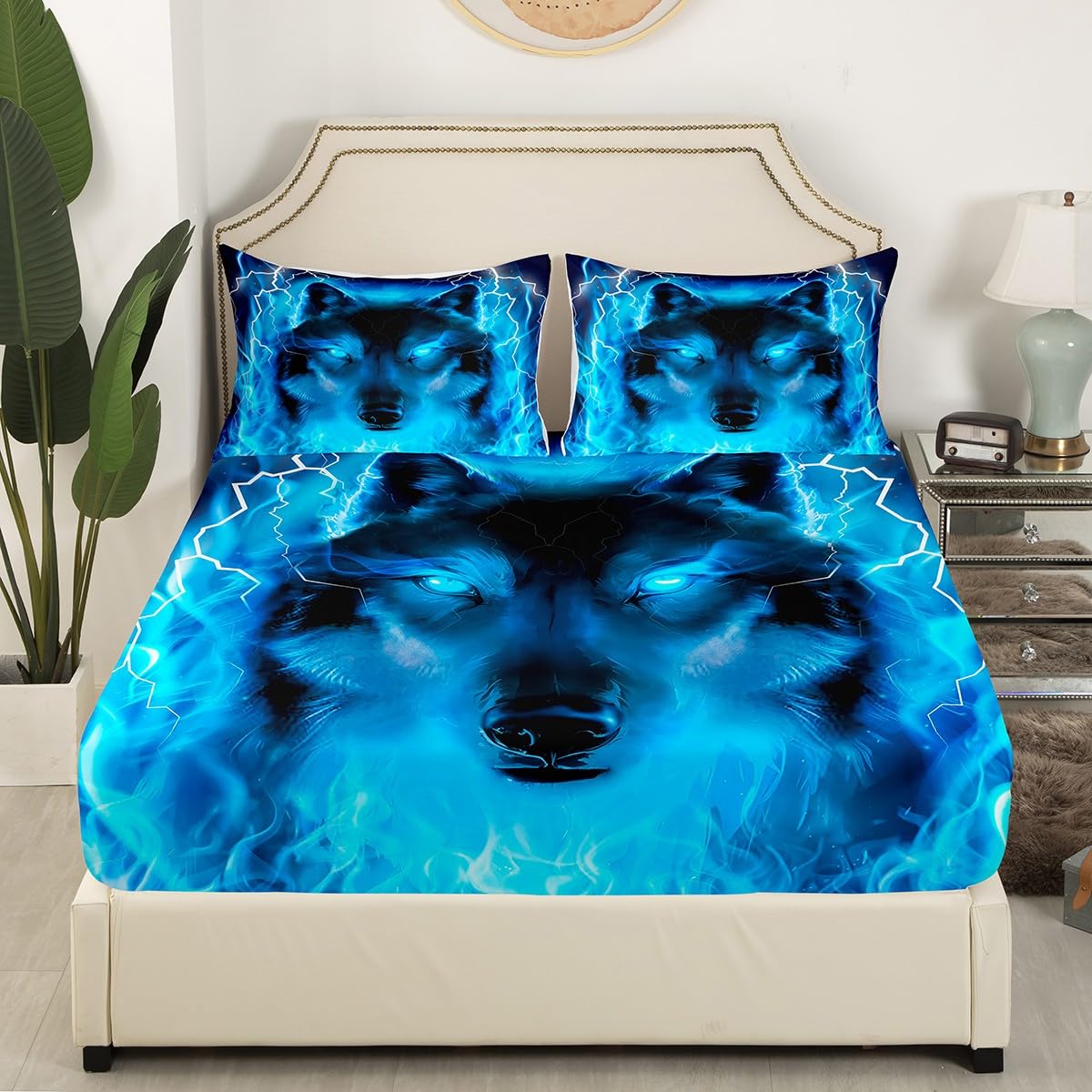 Wolf Bedding Set Safari Animal Pattern Bed Sheet Set Cool Wildlife Style Fitted Sheet for Boys Girls Kids Room Decor Glitter Blue Wild Wolf Lightweight Bed Cover Twin Size with 1 Pillow Case