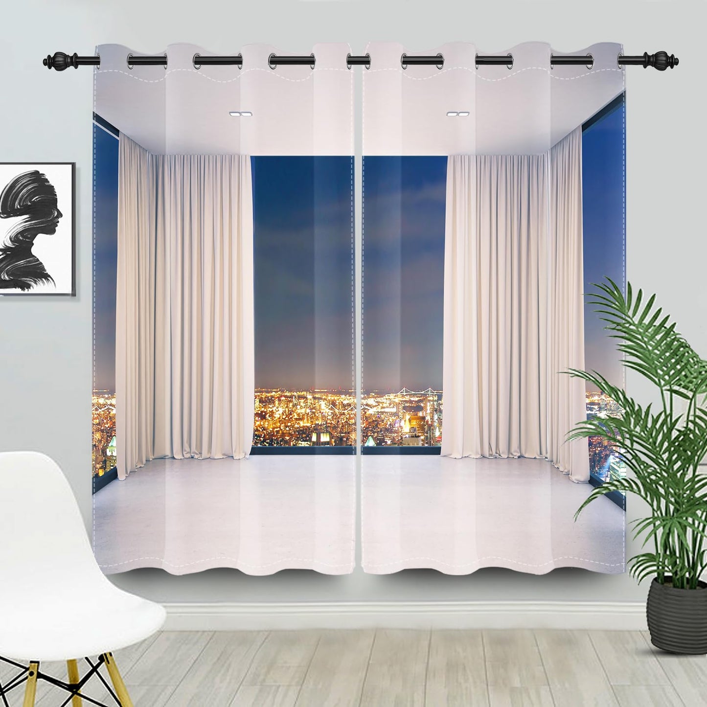 Leyiyi Window City Night View Window Curtains Empty Room 3D French Window Scenery Cityscape Modern Interior Room White Blackout Windows for Living Room Bedroom Kitchen 42x63 Inch,2 Panels