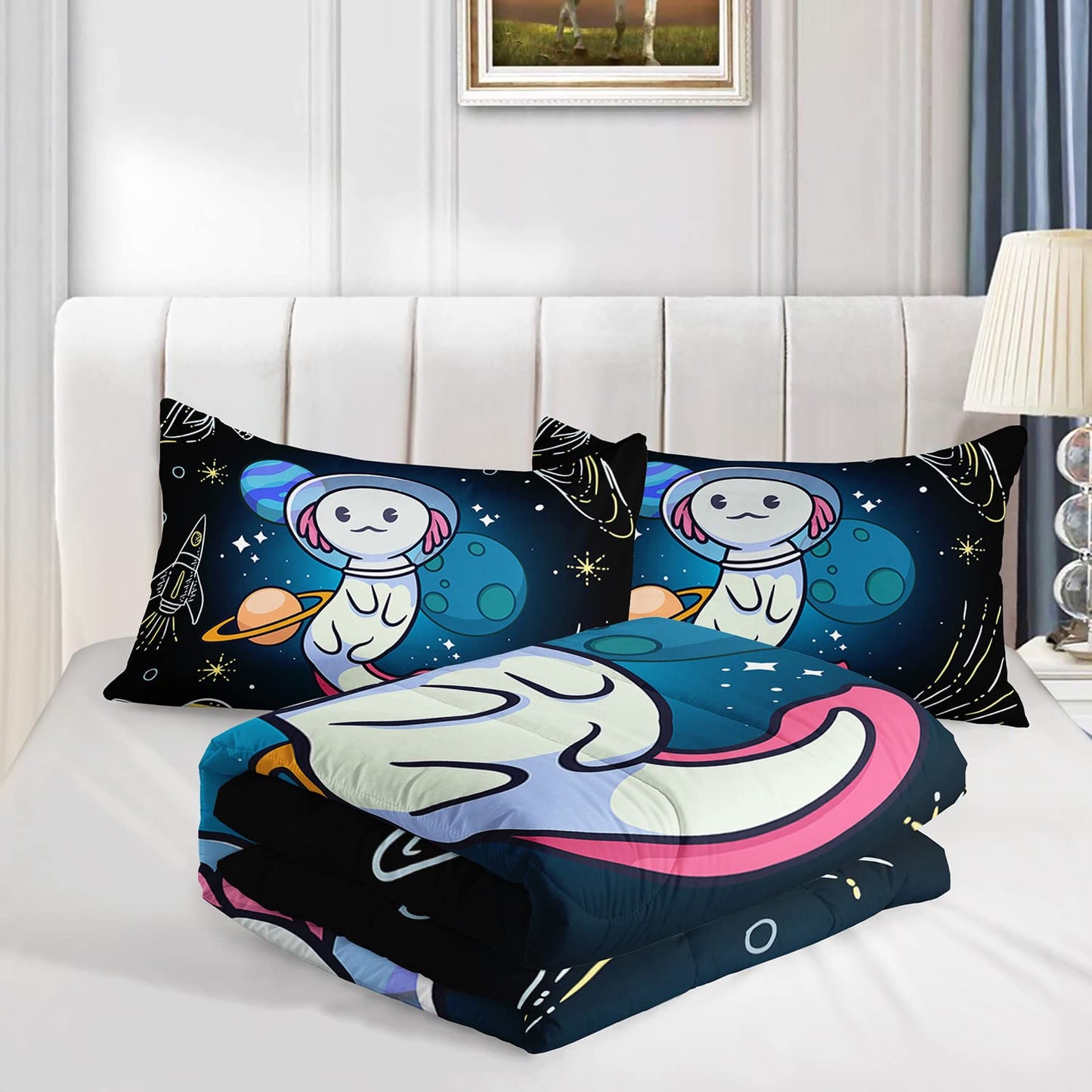 HOSIMA Axolotl Bedding Set for Kids Bedroom Decor,Space Cartoon Axolotl Pattern Kawaii Bedding Set,Wildlife Animals Reptile Toddler Comforter,Twin Comforter Set with 2 Pillowcase.
