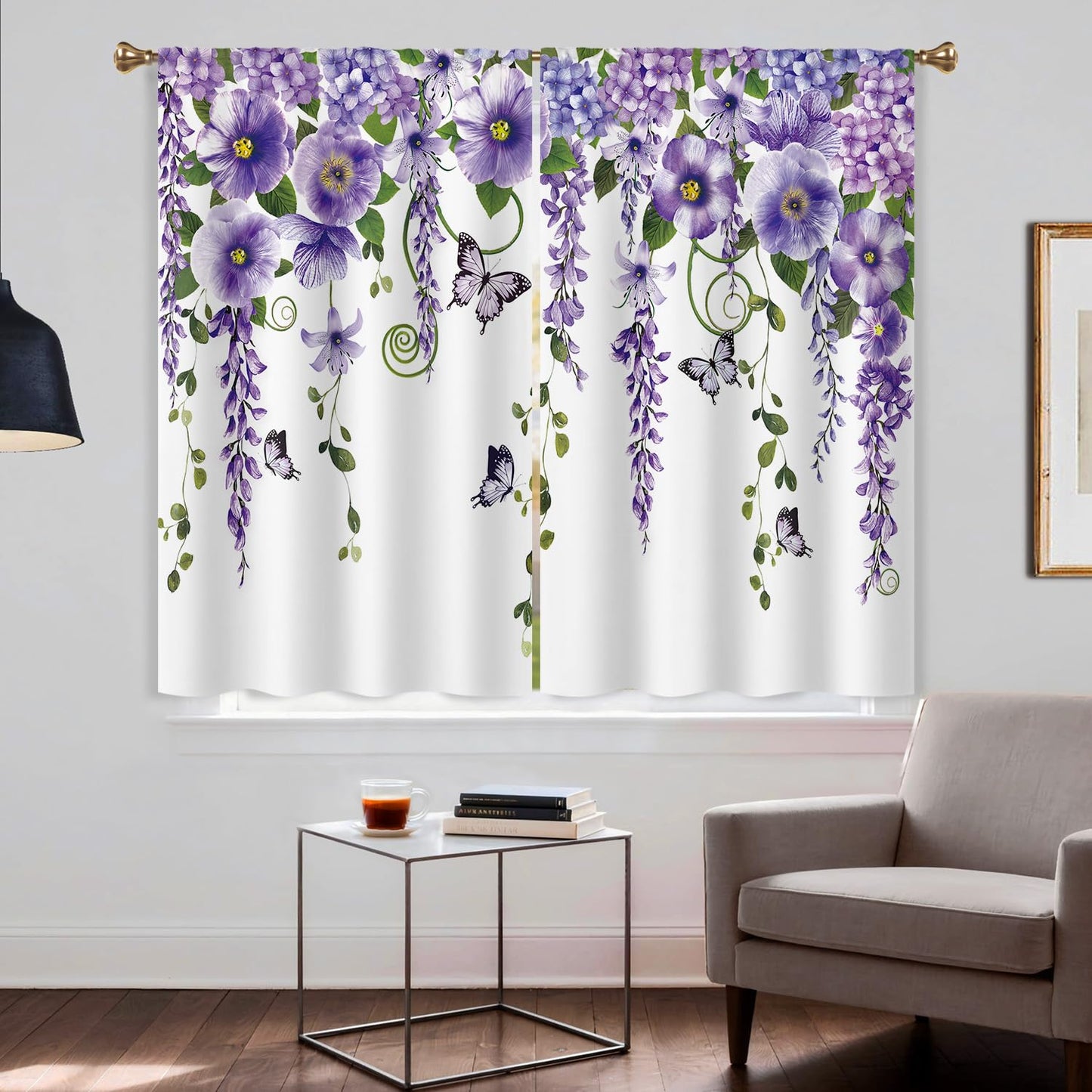 Cizuug Purple Floral Butterfly Lavender Kitchen Curtains Purple Floral Farmhouse Country Drapes Rod Pocket Spring Lilac Flower Summer Small Short Cafe Tier Curtain for Bathroom 2 Panels (27.5x39Inch)