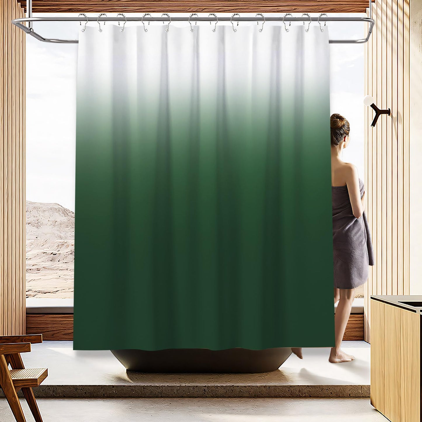 Baahrnom 4 Pcs Gark Green Shower Curtain Sets with Rugs Solid Bathroom Sets with Shower Curtain and Rugs and Adjustable Toilet Lid Cover for Luxury Bathroom Decor