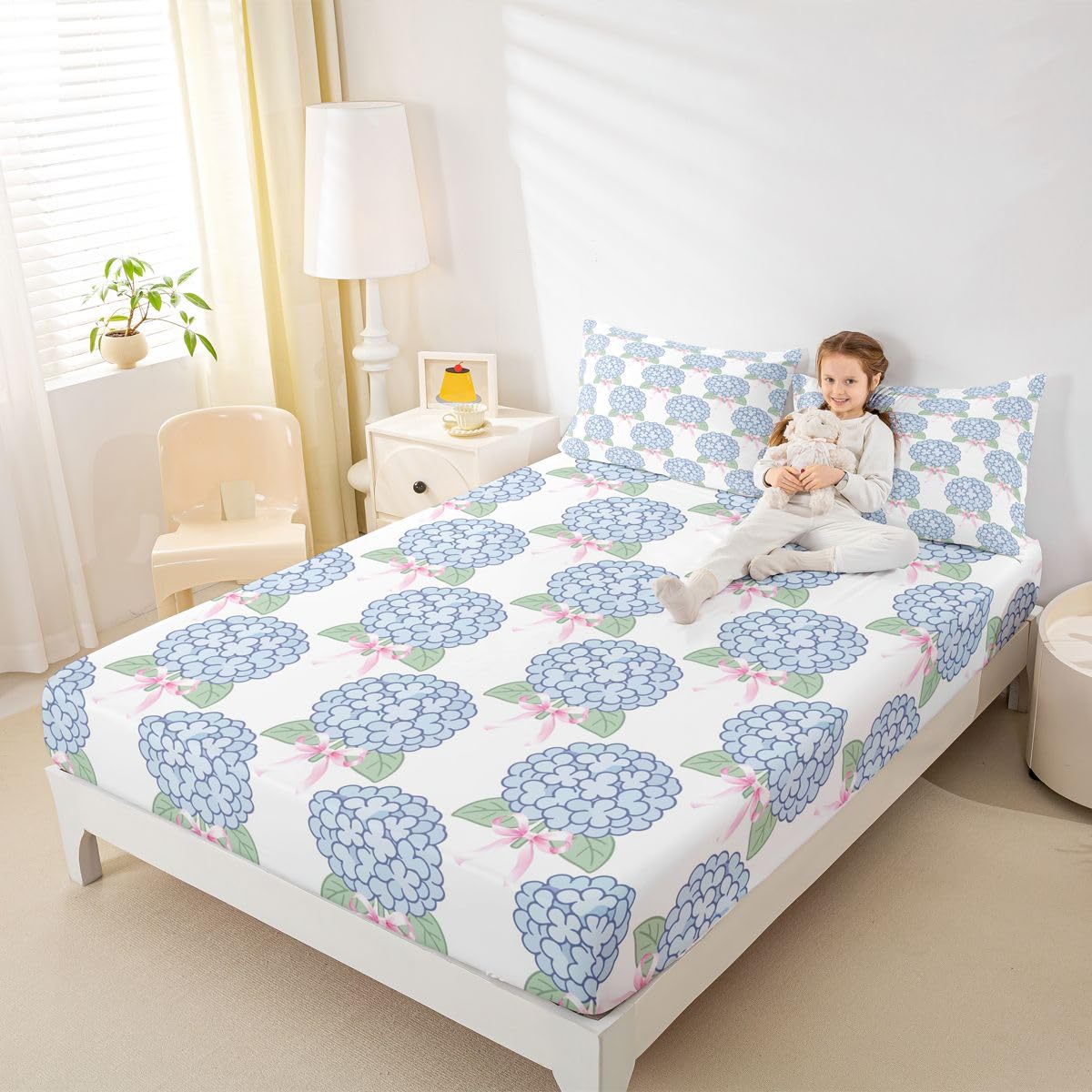 Blue Hydrangea Fitted Sheets Full Size (No Flat),Pink Bows Bedding Set 3Pcs,Kids Teens Woman Room Decor,Hydrangea Floral Bed Sheet Princess Sweet Style Deep Pocket Sheet,2 Pillowcases
