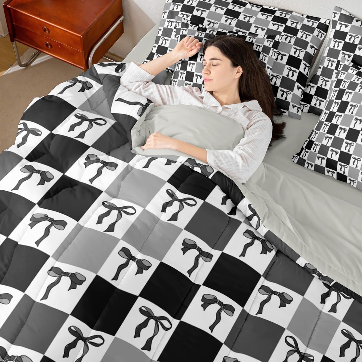 Erosebridal Bowknot 7 Piece Bedding Set Twin Grid Comforter Set with Sheets Cute Girly Geometric Plaid Check Bed in a Bag Aesthetic Kawaii Ribbon Bow Black for Kids Girls Women