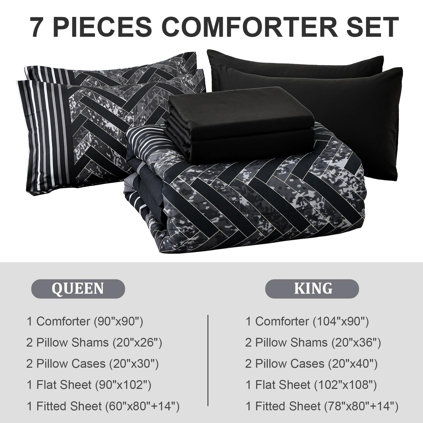 Luxudecor Black Comforter Set King Size, 7 Pieces Stripe Geometric Bed in a Bag, Geometric Comforter and Sheet Set, Soft Microfiber Complete Bedding Sets for All Seasons
