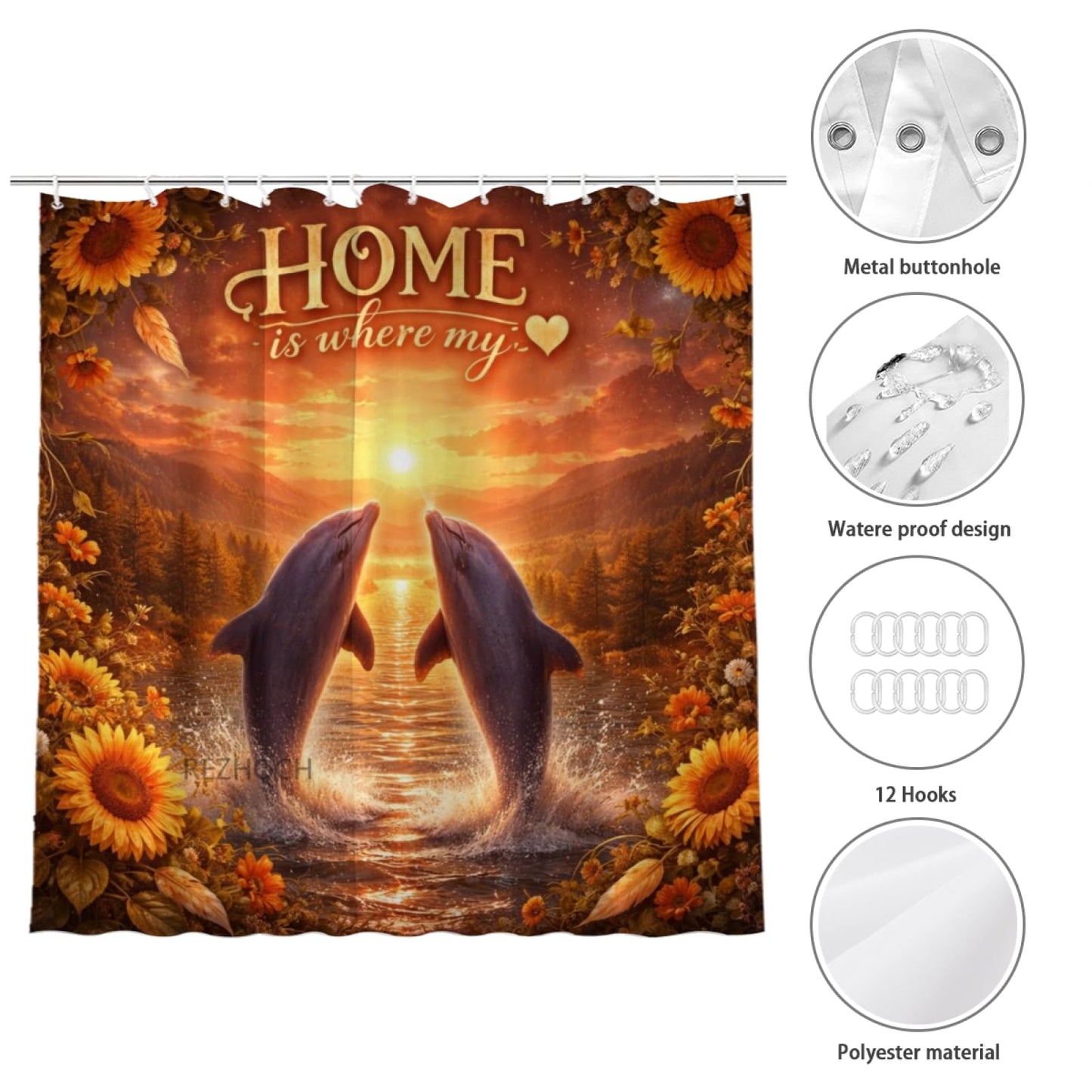 REZHOCH Funny Dolphin Shower Curtain 72x72 Inch Rustic Farmhouse Home Bathroom Decor,Cozy Warm Golden Sunset Sunflower Cute Animals Nature Mountain Forest Bath Set with Hooks