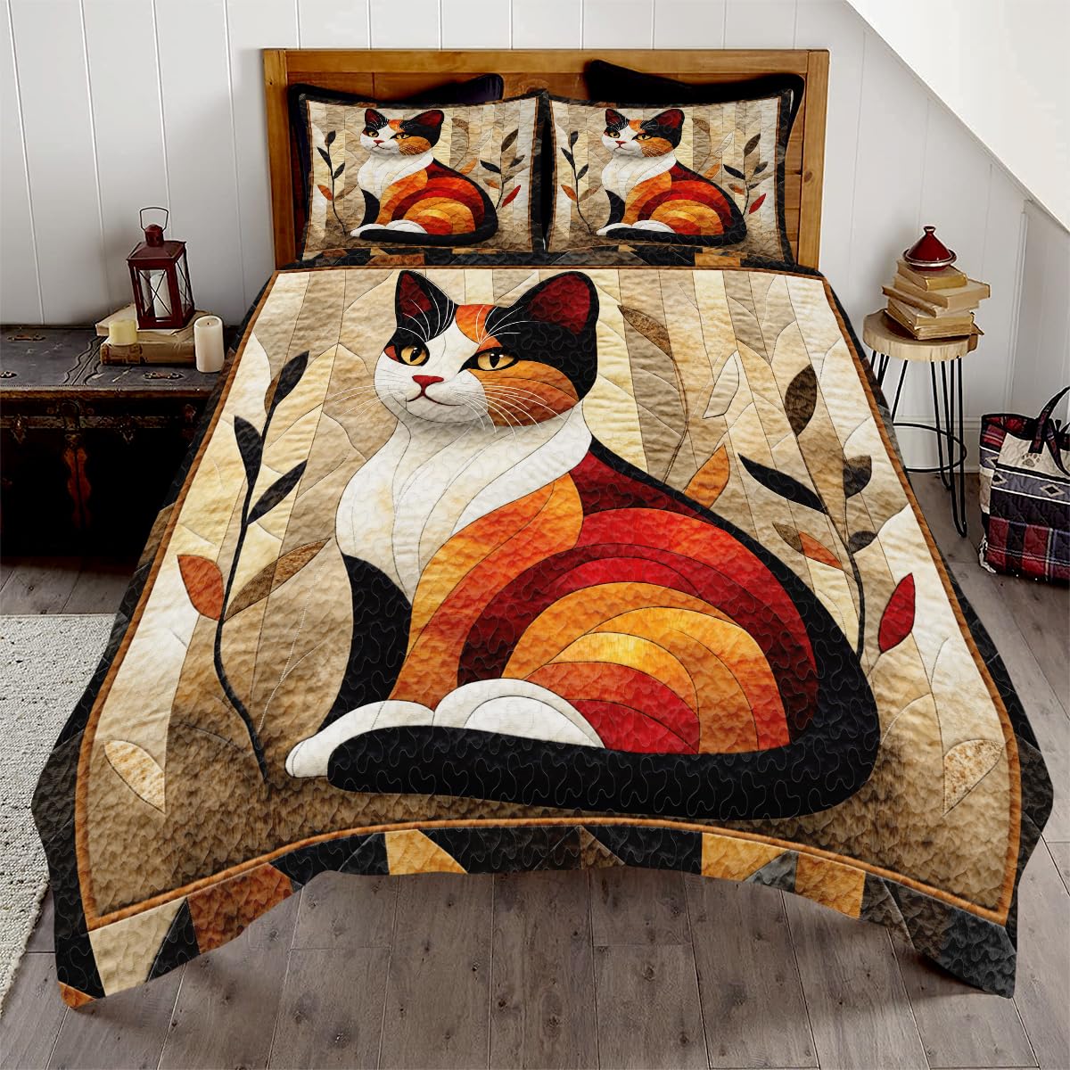 Jeminise Cat Quilt Set - Cat Patchwork Style Printed Bedding, Animal Patchwork Bedset, Farmhouse Blanket with Pillowcases, Premium Quilt Pattern Bedding Set, Twin Full Queen Size