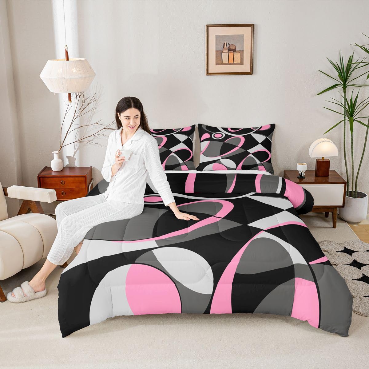 Feelyou Pink Grey and Black Comforter Retro Circle Geometrics Comforter Set Modern Abstract Art Bedding Set for Kids Boys Girls Geometrics Swirl Duvet Set Luxury Room Decor Quilt Set Queen Size