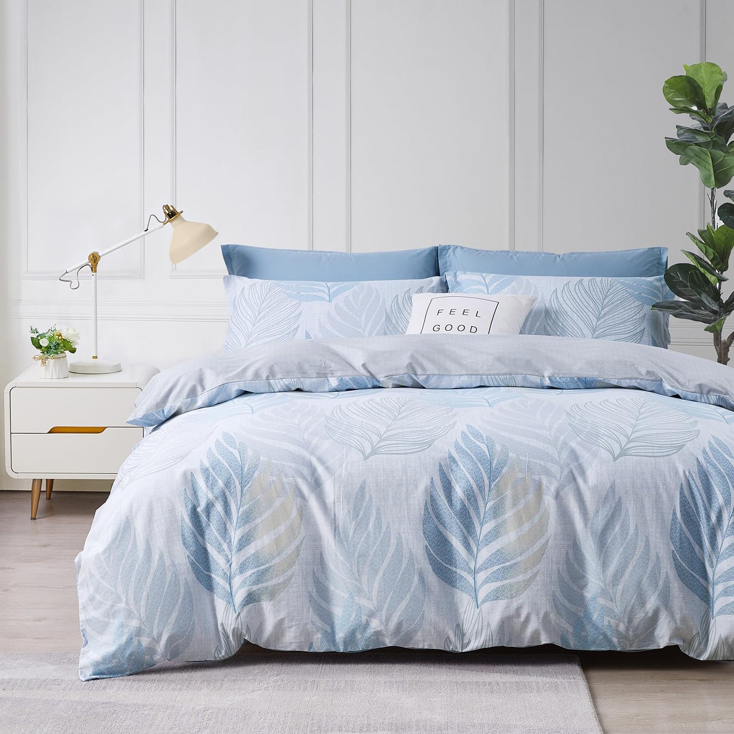 SAPHREAS Blue Leaf Duvet Cover Set Full Size 3pcs Tropical Botanical Monstera Leaf Pattern Bedding Comforter Cover Set 100% Cotton 1 Duvet Cover 2 Pillow Shams