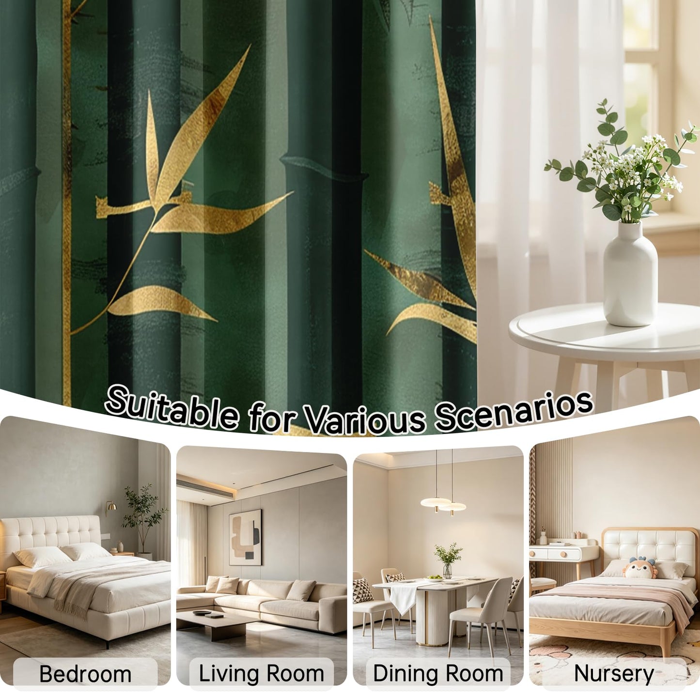 Mistwalk Gold and Green Bamboo Blackout Curtains for Bedroom & Living Room, 45 Inch Curtains 2 Panel Set, Room Darkening Thermal Insulated Grommet Drapes, Modern Art Zen Patterned Window Treatments