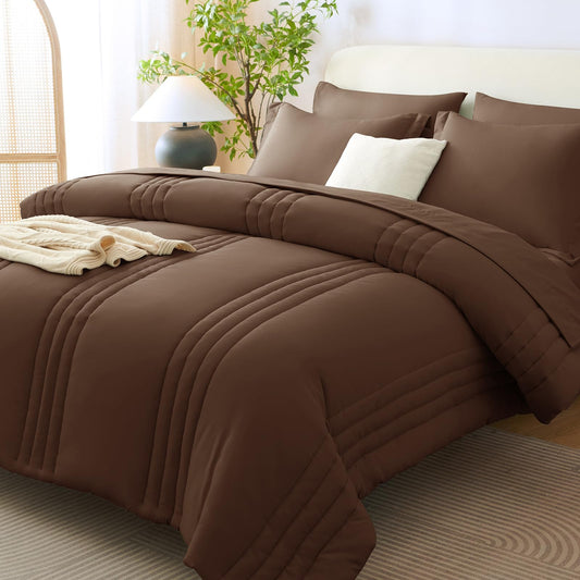 CozyLux Full Size Comforter Sets Brown - 7 Pieces Bed in a Bag, Modern Vertical Quilted Room Decor, Soft All-Season Bedding Gift with Comforter, Sheets, Pillowcases & Shams