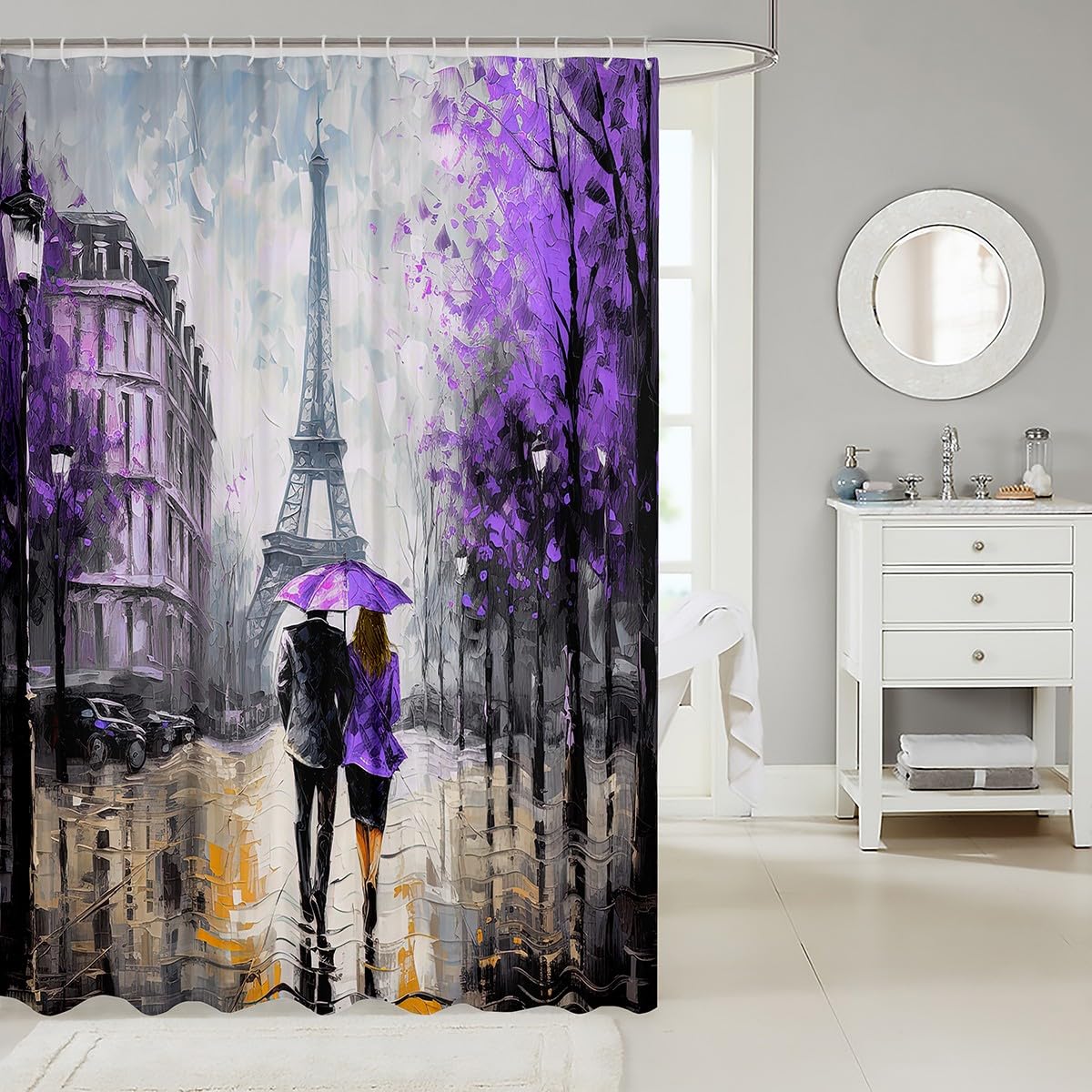 jejeloiu Eiffel Tower Shower Curtain 72"x78" Couple Romantic Paris Bathroom Shower Curtain Set for Girls Women Lover Valentine's Day Bath Curtain Purple France Trip Bathroom Accessories