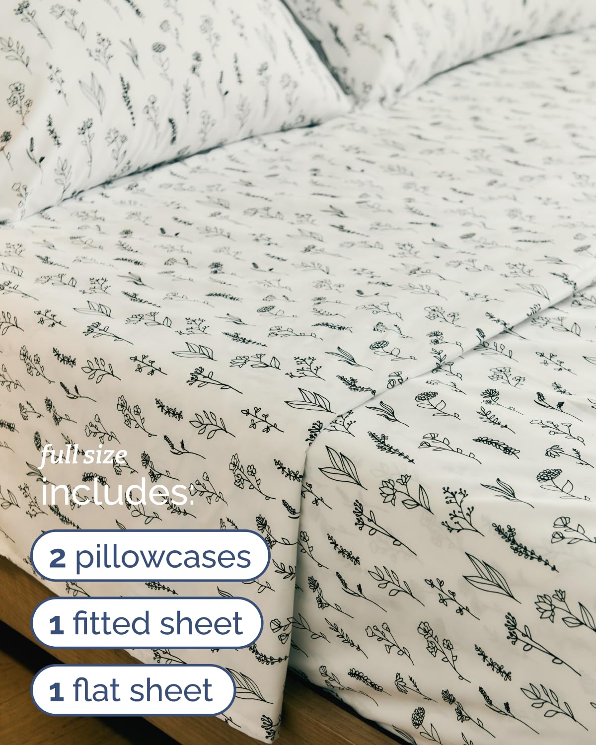 Floral Sheets - Black & White Floral Bed Sheet Set - 1 Flat, 1 Fitted & 2 Pillowcases w/ Deep Pockets - Comfy, Wrinkle & Fade Free - Boho Botanical Bedding - Soft, Breathable & Cooling - Full Size Set