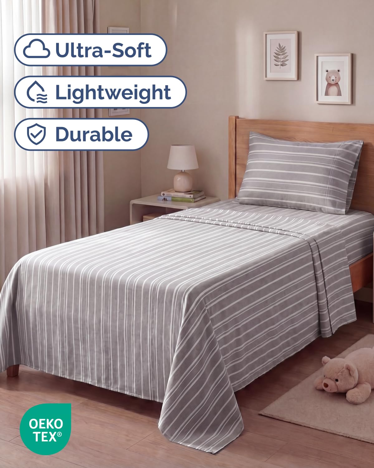 Twin Size 3 Piece Sheet Set - Comfy Breathable & Cooling Sheets - Hotel Luxury Bed Sheets for Women & Men - Deep Pockets, Easy-Fit, Soft and Wrinkle Free Sheets - Grey Stripes Oeko-Tex Bed Sheet Set