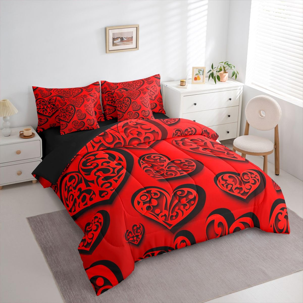 Erosebridal Red Love Heart Full Bedding Set - Valentines Day Decor Bed in A Bag,Cute Heart Comforter Sets with Sheets, Romance Couple 7 Pieces Bed Set Bedroom Decor