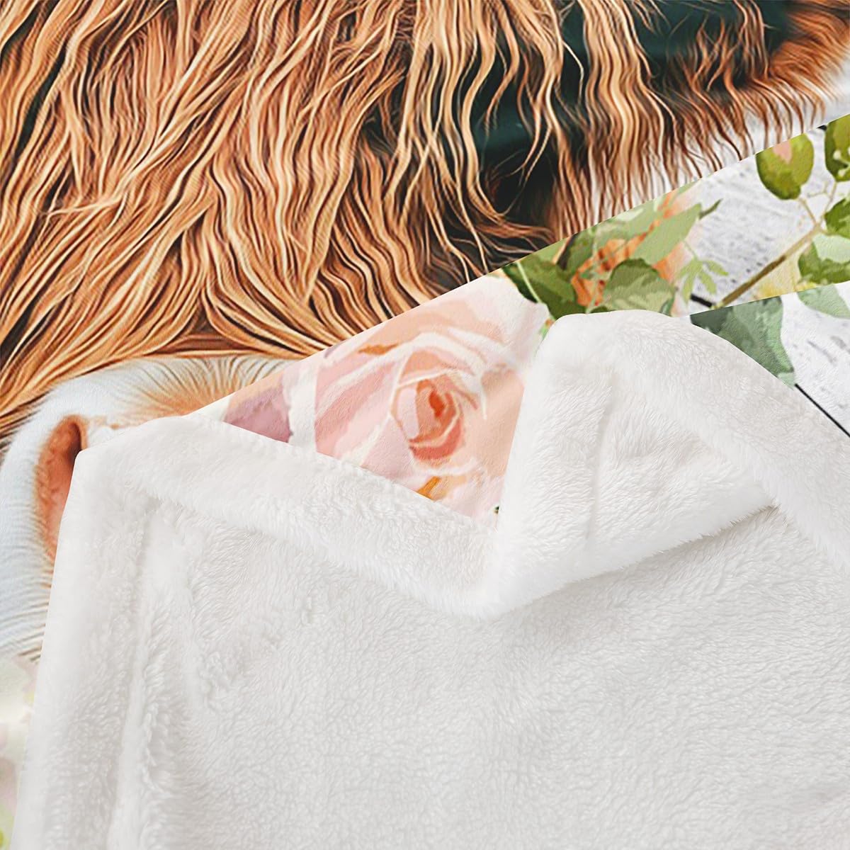 Feelyou Highland Cow Sherpa Blanket Rose Highland Cattle Fleece Throw Blanket for Kids Boys Girls Bull Cattle Plush Blanket Botanical Floral Fuzzy Blanket for Sofa Bed Couch,40x50 Inches