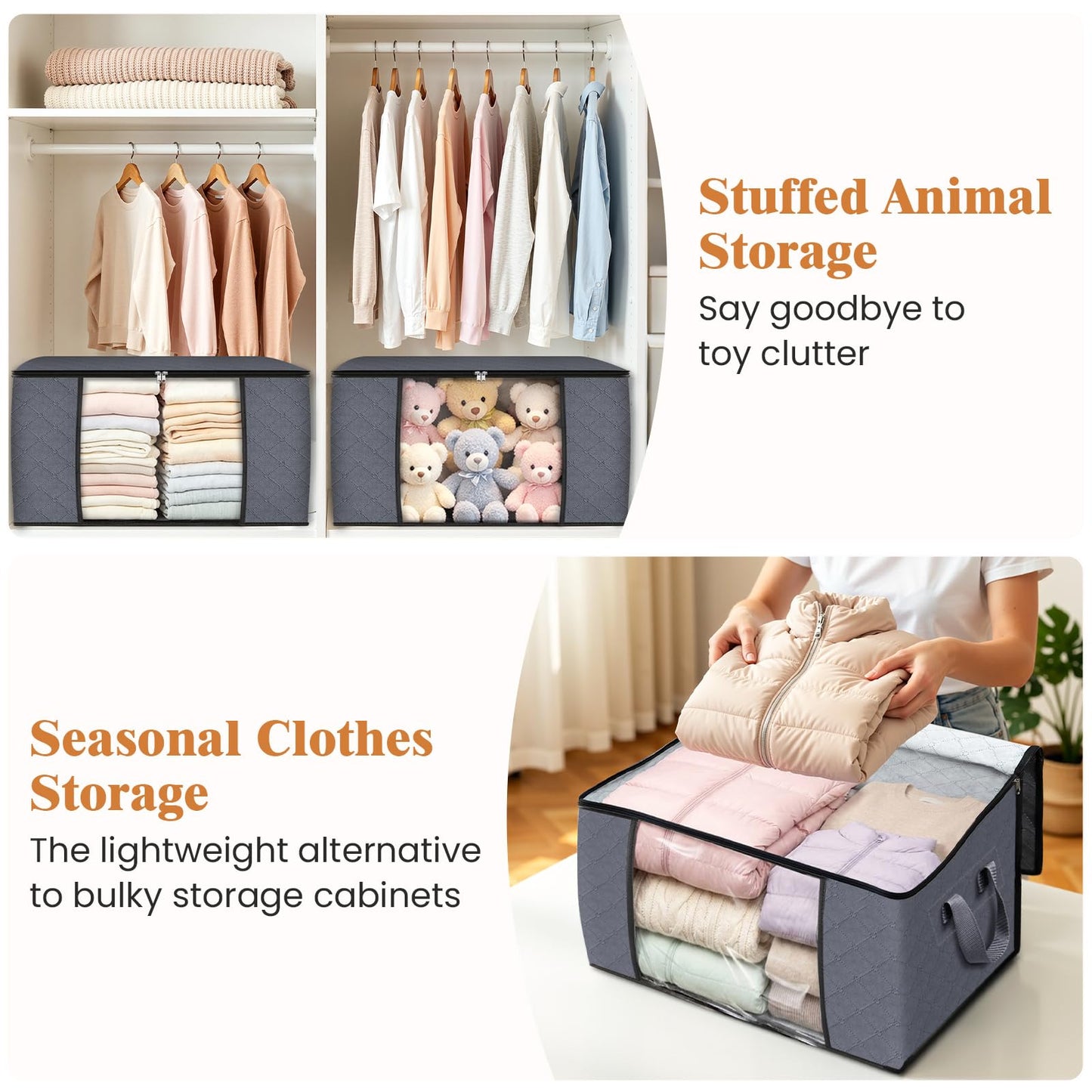 Fab totes 6 Pack Storage Bags for Clothes and Blanket, Foldable Closet Organizers and Storage with Zippers, Clear Window and Handles, Fabric Storage Bins for Sweater, Comforter, Bedding,Linen Sheets