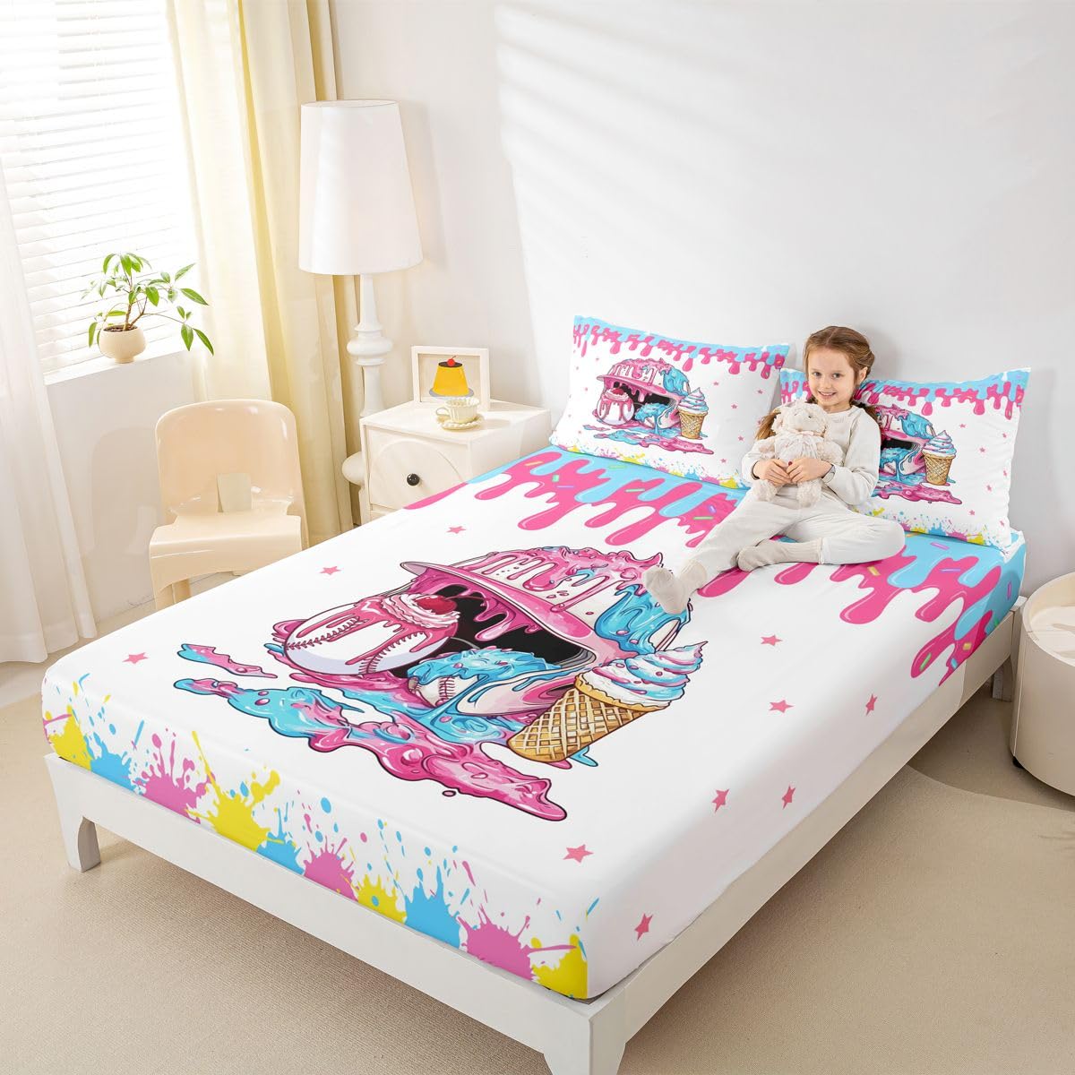 Homewish Ice Cream Drip Baseball Kids Sheet Full Size,Baseball Cap Hat Star Cherry Dessert Bedding Set, Ball Sport Games Competition Kids Room Decor,Blue Pink Sheet(Fitted+Flat+2 Pillowcases)