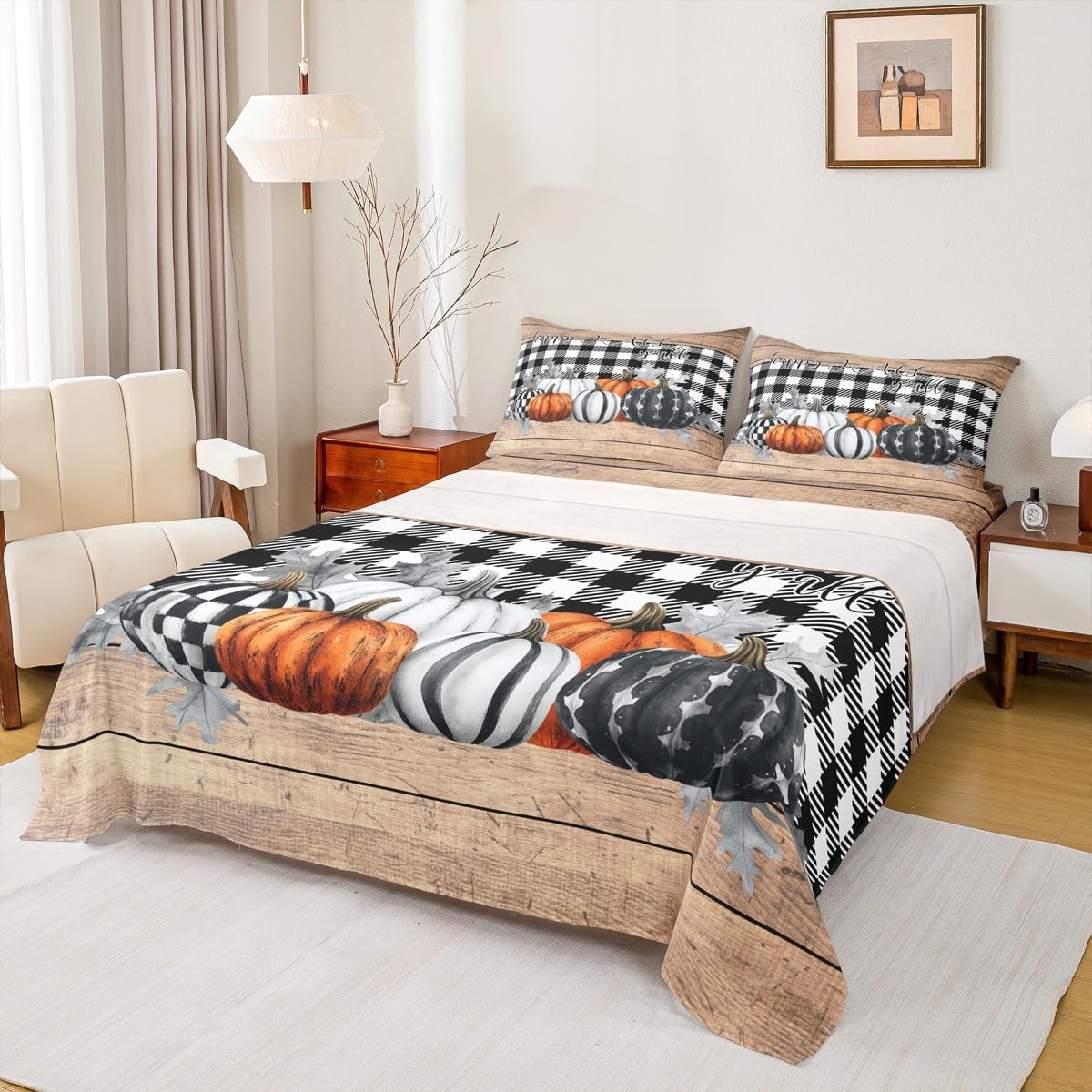 Fall Pumpkins Bed Sheets Queen Rustic Farmhouse Thanksgiving Theme Beddig Set Black White Buffalo Plaid Fitted Sheet Happy Autumn Fall Sheet Set Wooden Board Flat Sheet 2 Pillow Cases Home Room Decor