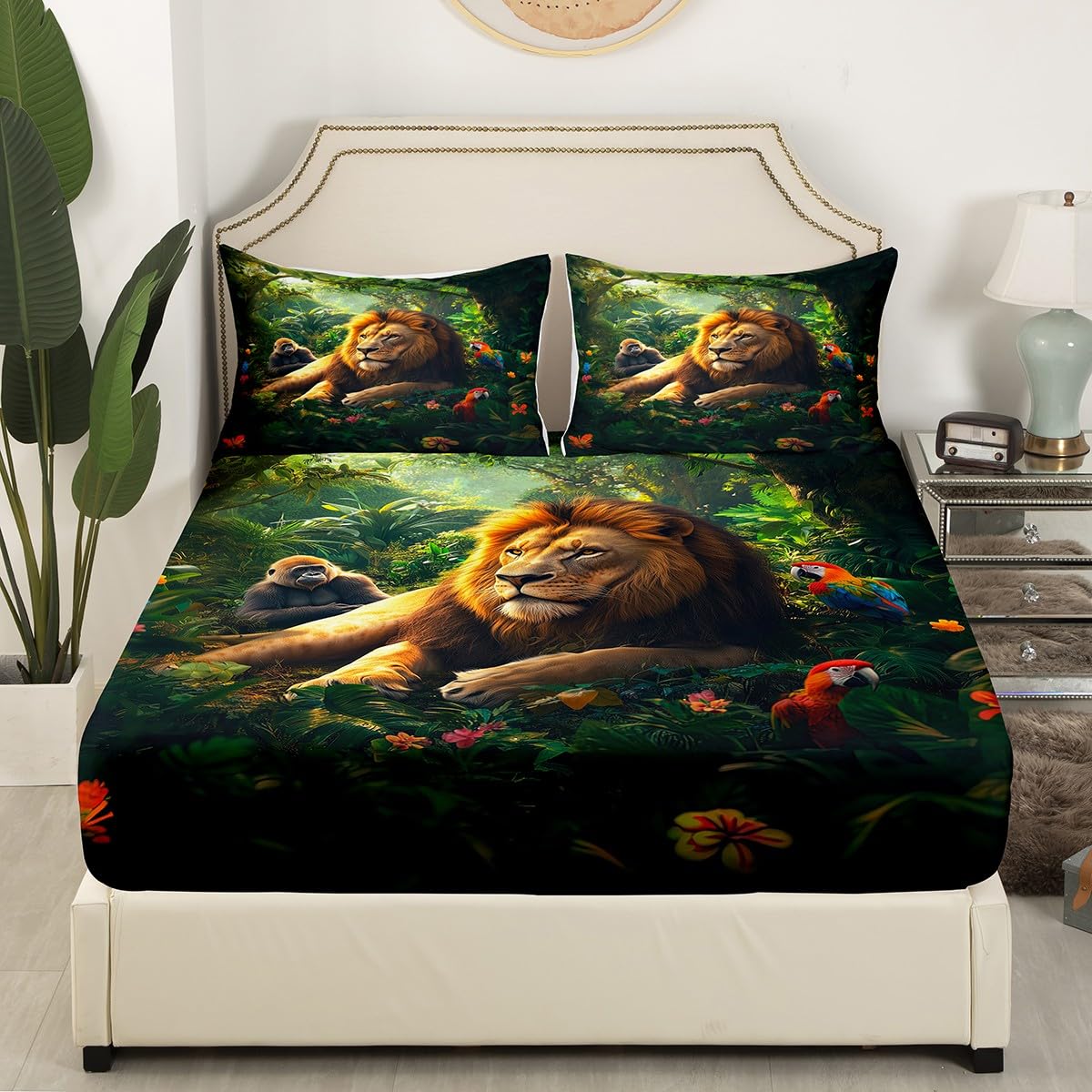 3D Lion Bedding Sets Full Size,Gorilla Parrot Bed Sheets 4Pcs,Tropical Jungle Trees Floral Fitted Sheet for Kids Boys Girls Adult Room Decor,Nature Wild Animals Top Flat Sheet,2 Pillowcases