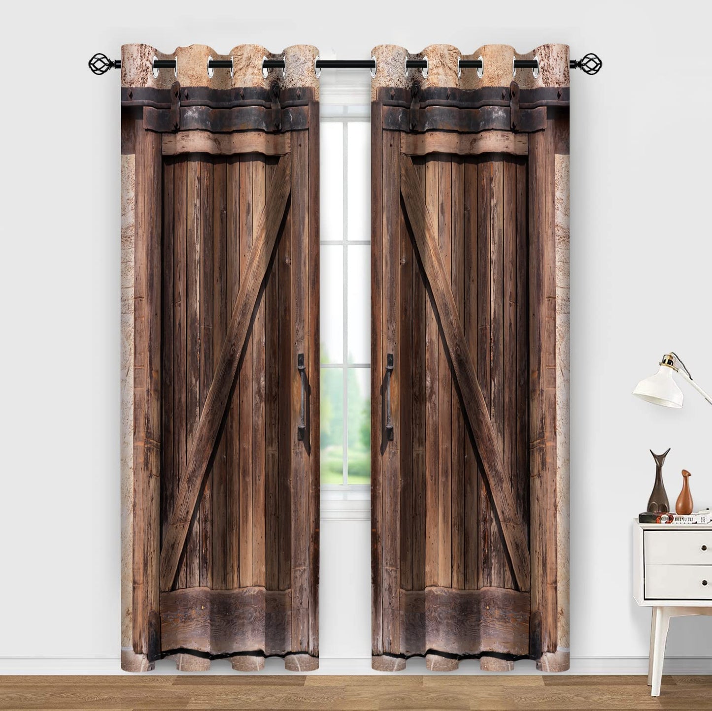 Aimego Rustic Barn Door Blackout Curtains - Room Darkening Curtains Farmhouse Wood Wooden Window Drapes Decor for Bedroom Living Room Grommet 2 Panel Set, 52"X63"