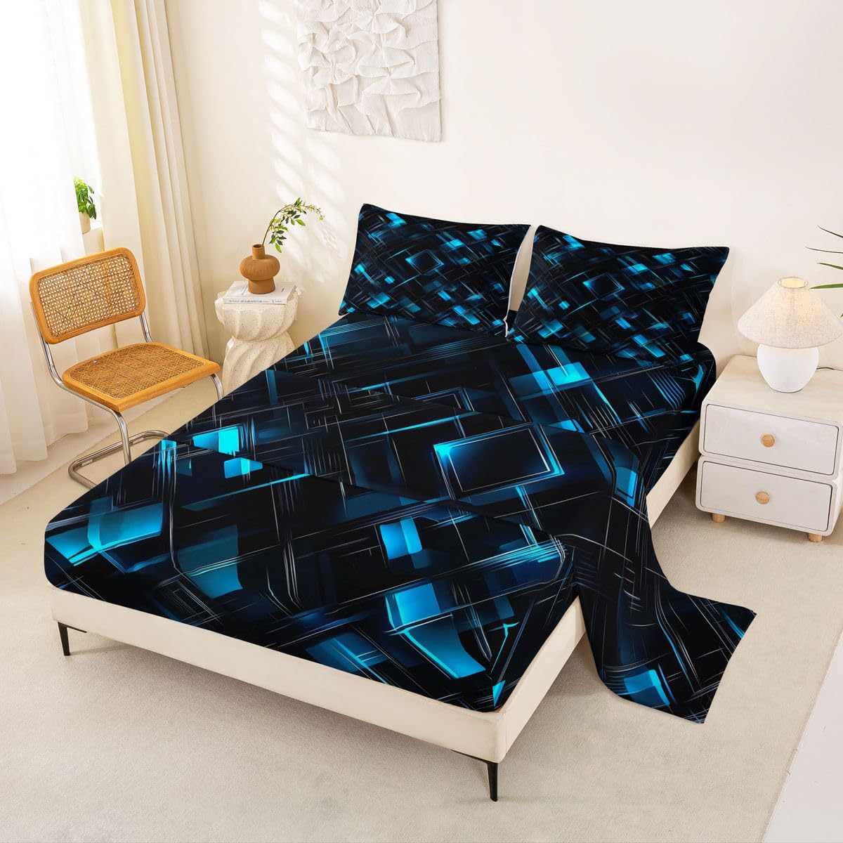 Feelyou Black Blue Bed Sheets Sets Queen Size Kids Boys Girls Geometric Checkered Bedding Set Abstract Stereoscopic Grids Bed Sheet Set with 16-Inch Deep Pockets 4Pcs with 2 Pillow Cases