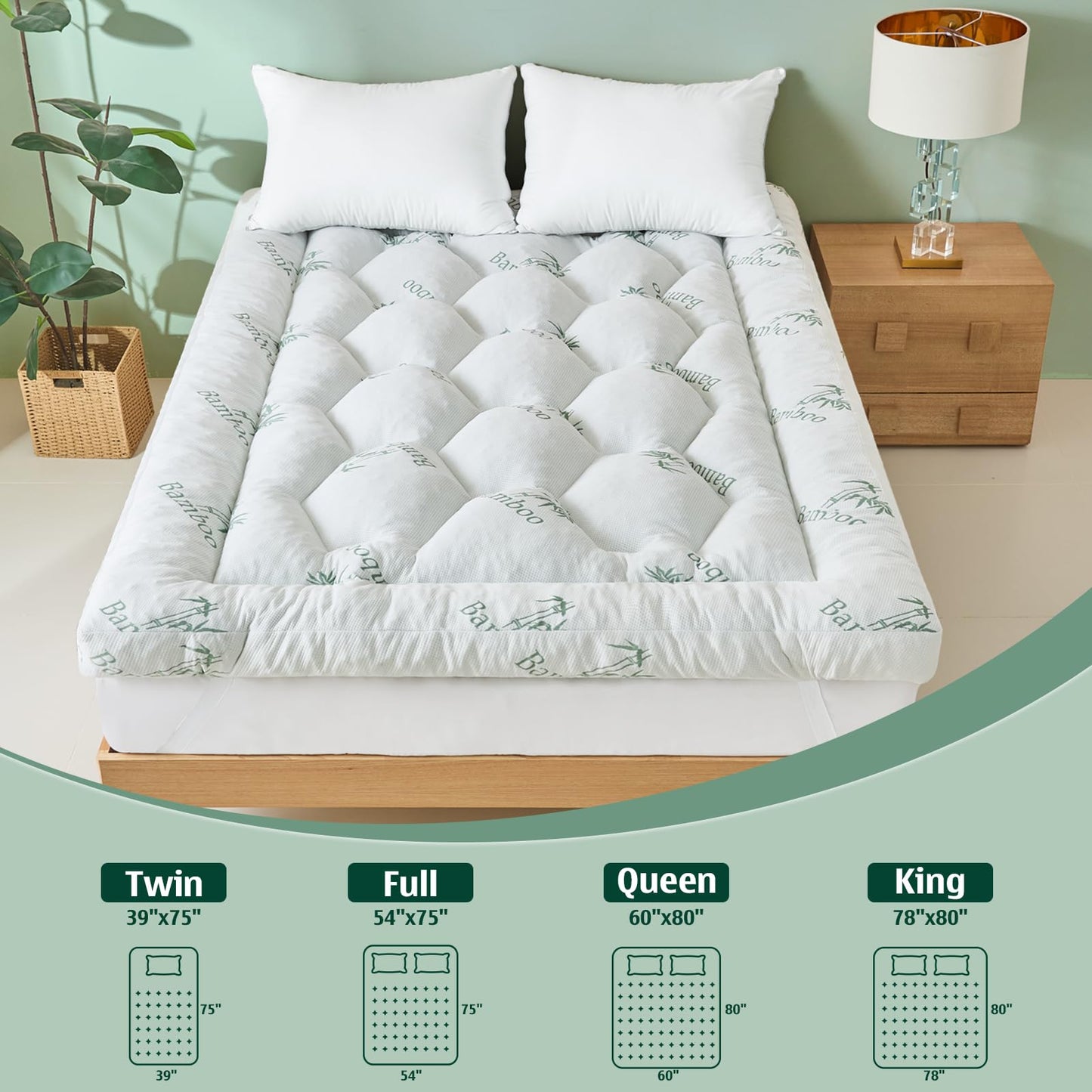 5 Inch Memory Foam Mattress Topper Full Size, Breathable Viscose Made from Bamboo Pillow Top Mattress Pad Cover, Soft Bed Topper with 2000 GSM Foam Filling for Pain Relief, White, 54x75x5 in
