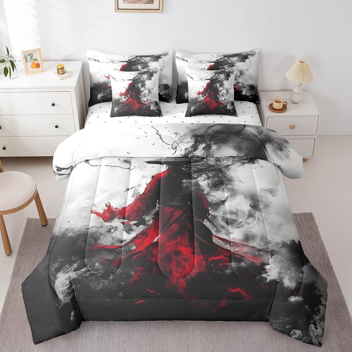 7 Pieces Japanese Style Comforter Set Queen,Ink Painting Oriental Culture Bed Set for Kids Boys Girls,Black Red Bedding(1 Comforter,1 Fitted Sheet,1 Flat Sheet,2 Pillowcases,2 Throw Pillow Cover)