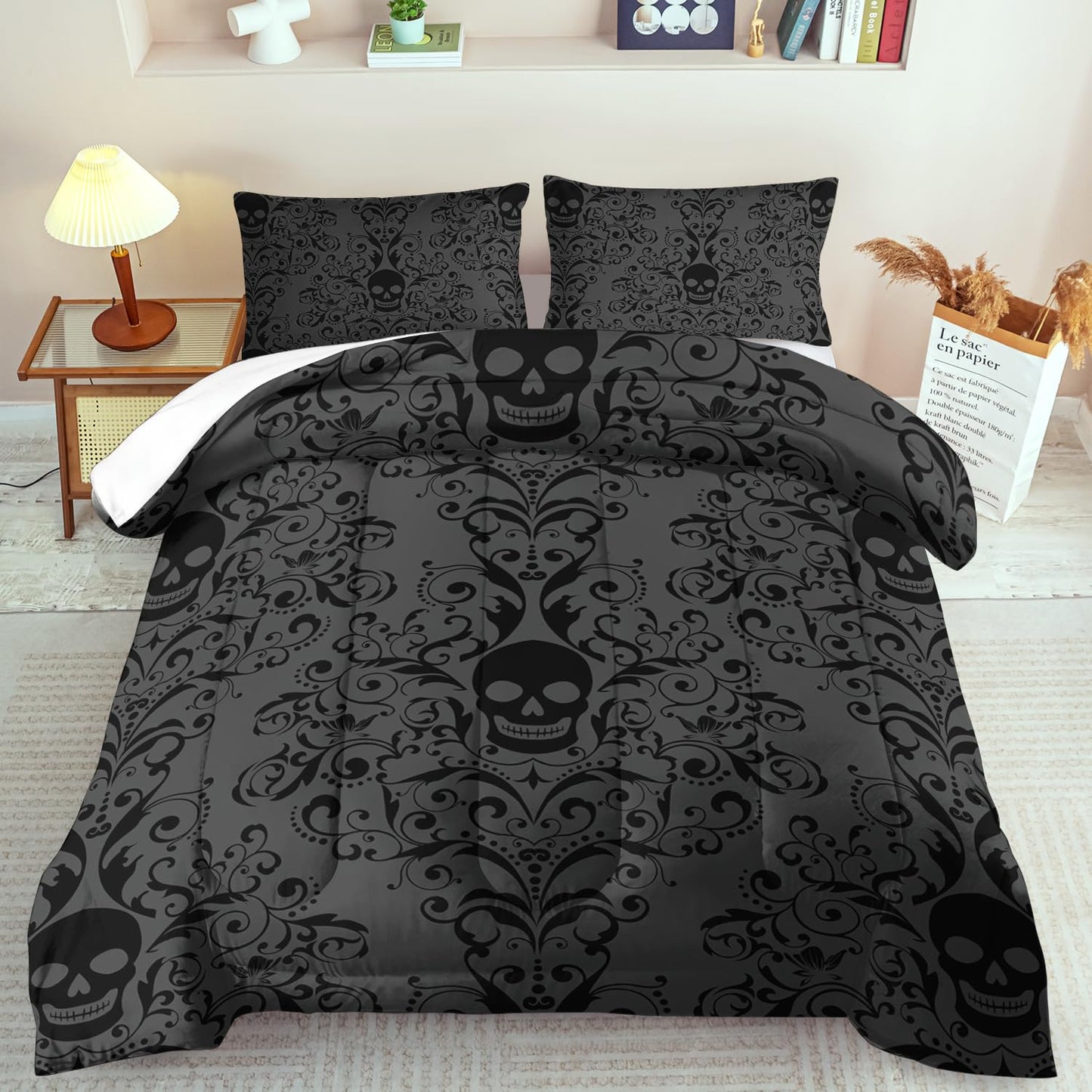 llyxsesty Halloween Skull Comforter Set Queen Boys Hippie Bedding Set for Teens Black Goth Comforter Queen Girls Quilt Gothic Bedroom Decor Skull Bedding Halloween Home Decor