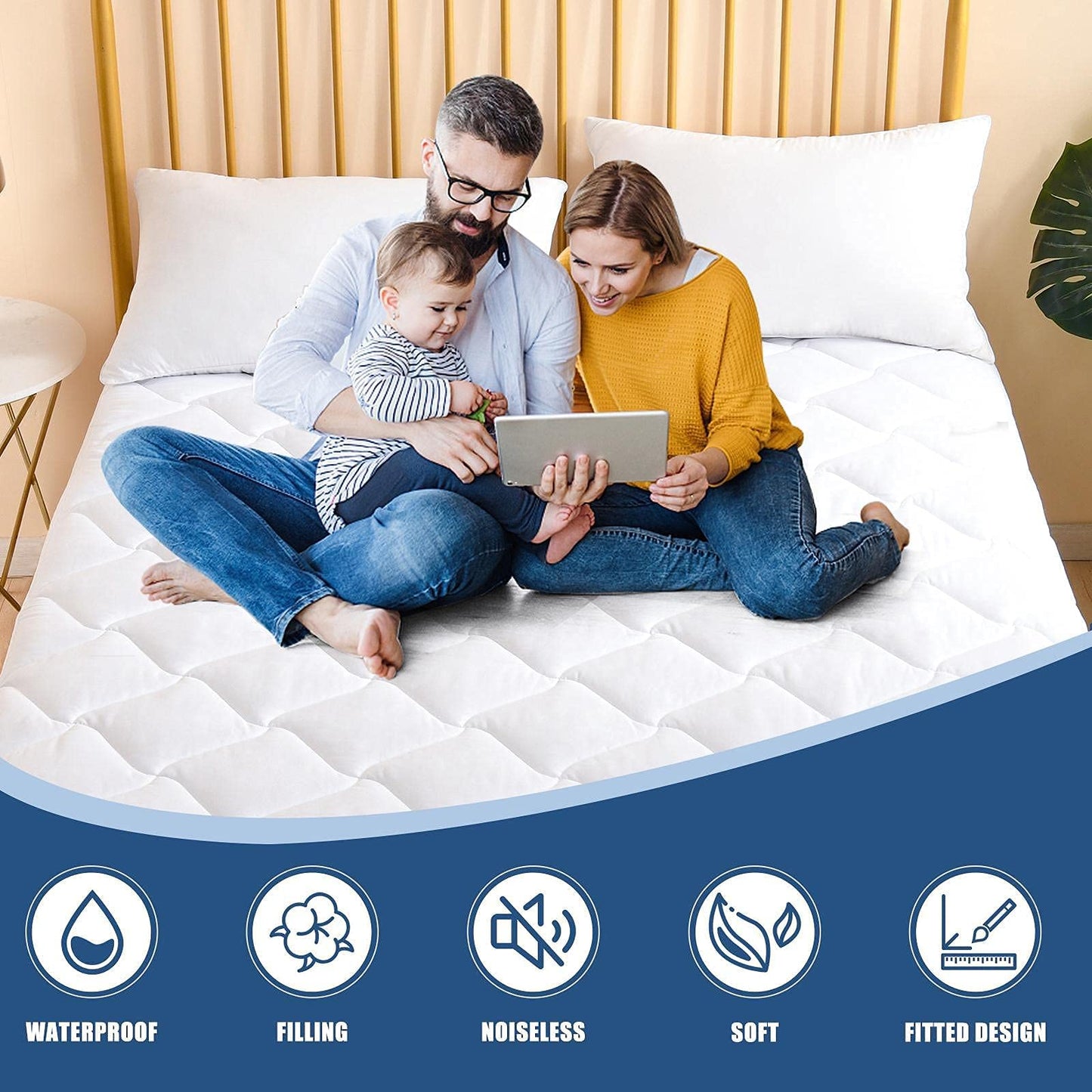JamRest King Quilted Mattress Pad Waterproof Breathable Bed Protector Quiet Fabric Noiseless Cooling Microfiber Fitted Mattress Cover Smart Shield Master Bed Deep Pocket Fits 6 to 21 Inch Mattress