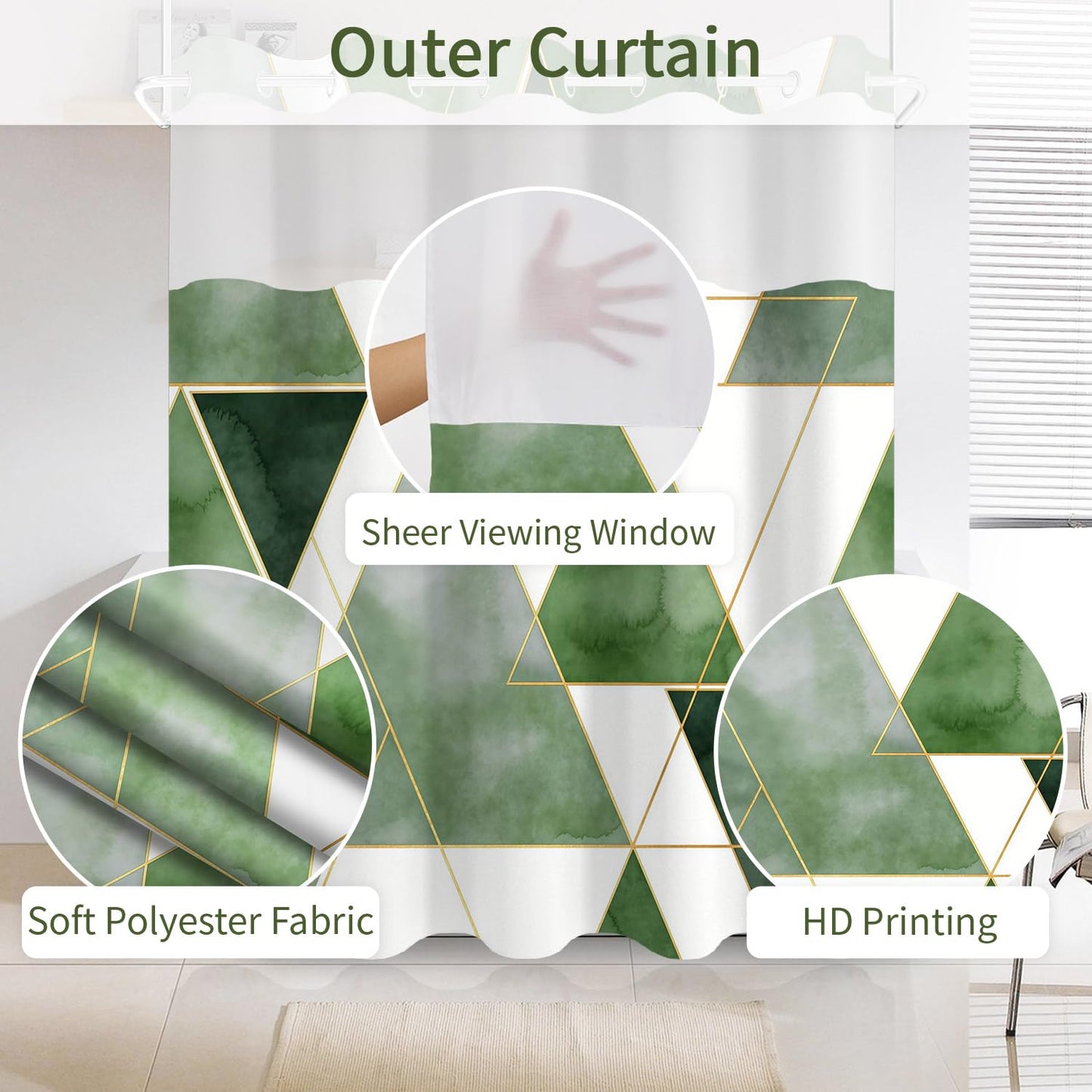 NAEMBCU Green Geometric No Hook Shower Curtain with Snap in Liner Set 71x74