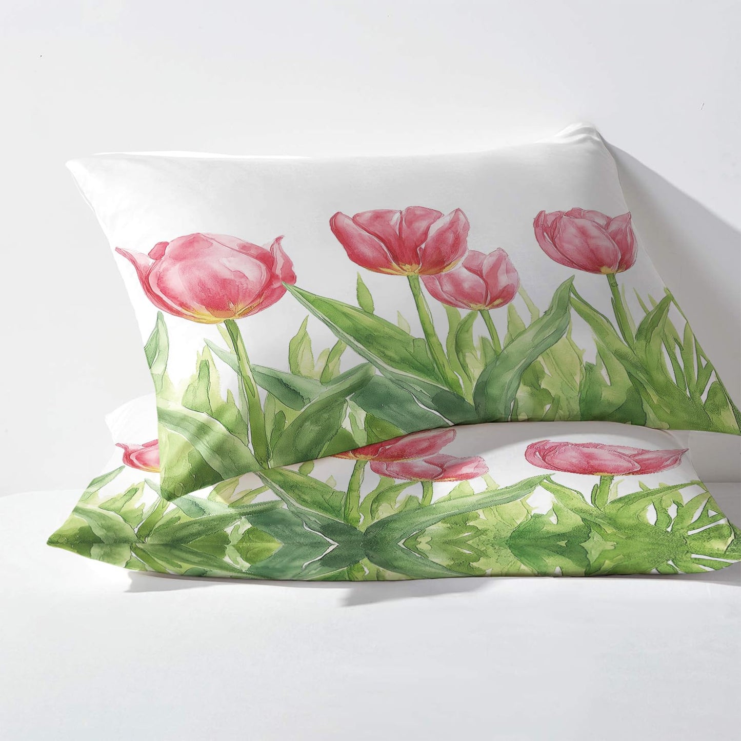 NOGAWA Tulip Sheets Queen Size, Pink Floral Green Leaves Bed Sheets, Patterned Bedding Sheets & Pillowcases 4 Piece Set - Soft Microfiber Deep Pocket Fitted Sheet & Flat Sheet & 2 Pillow Cases