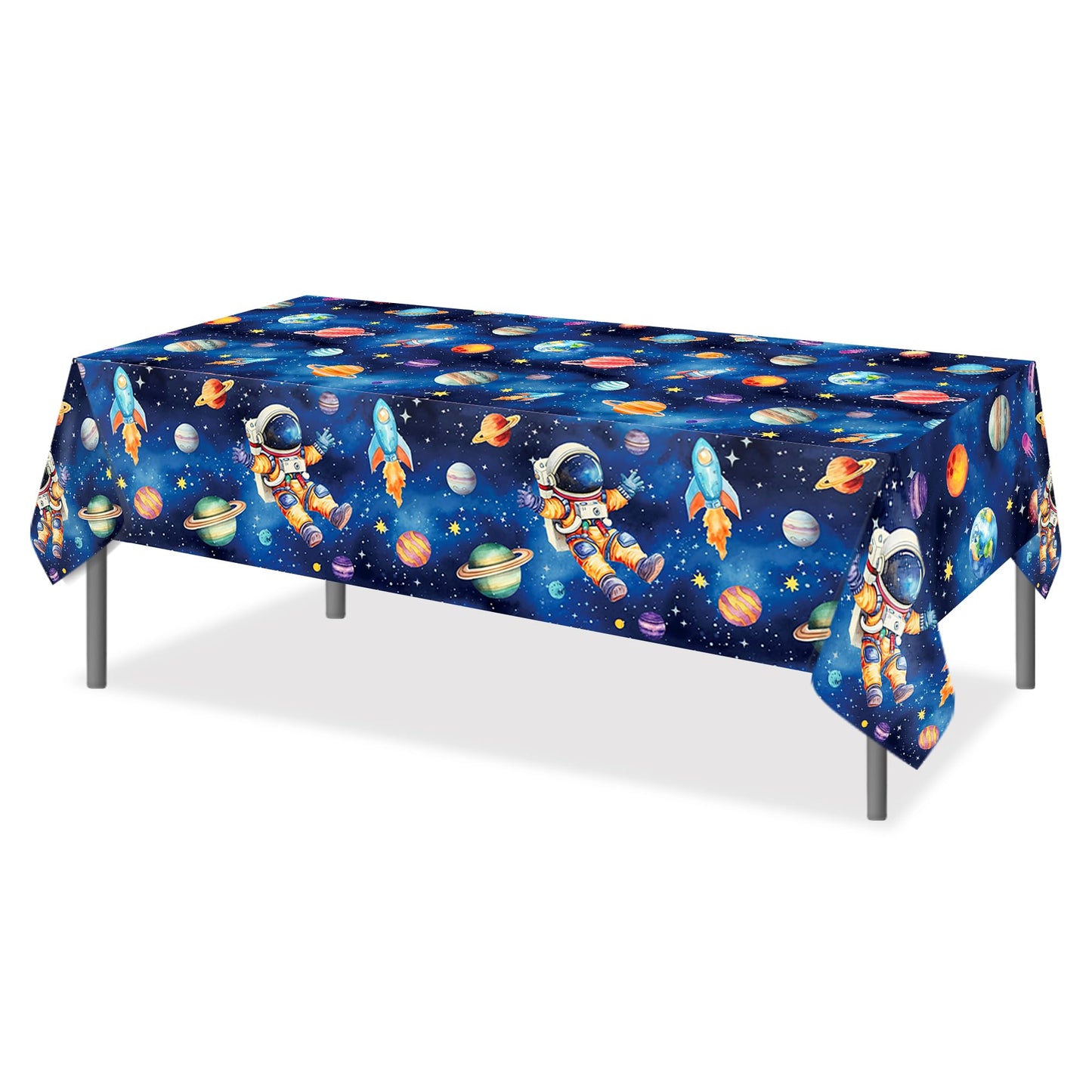 CC HOME 1Pc Planet Space Party Plastic Tablecloth 54 x 87 Inch Long Table Cover, Blue Universe Party Tablecover for Space Travel Theme Kids Baby Shower Birthday Dinner Picnic Kitchen Event