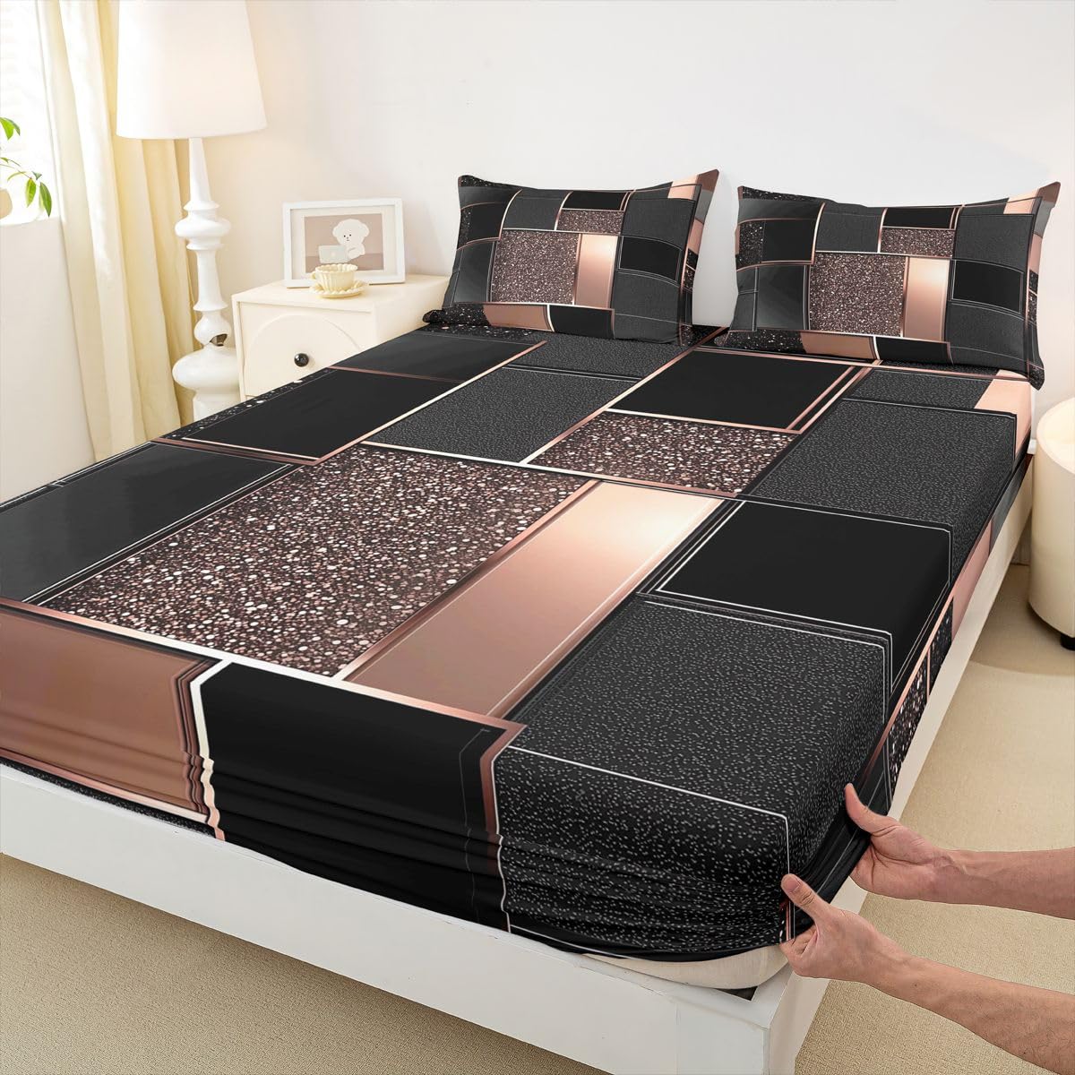 Feelyou Modern Abstract Bed Sheets Sets Queen Size Kids Boys Girls Orange Geometric Bedding Set Metallic Print Geometric Bed Sheet Set with 16-Inch Deep Pockets 4Pcs with 2 Pillow Cases