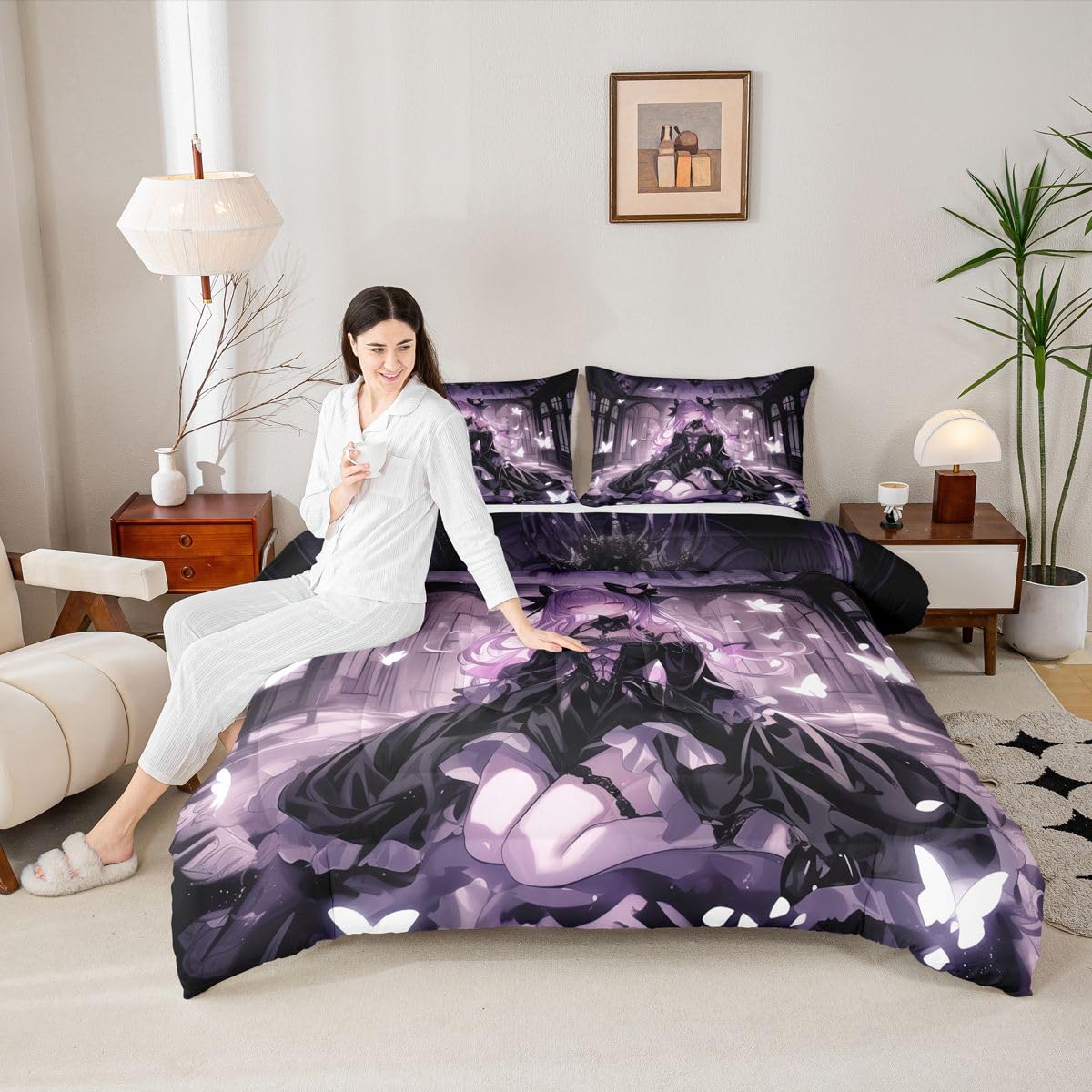 Erosebridal 3D Girly Kids Comforter Set | Japanese Girl Bedding Twin Size Anime Gifts Down Comforter Purple Dreamy Butterfly Print Duvet Set for Bedroom