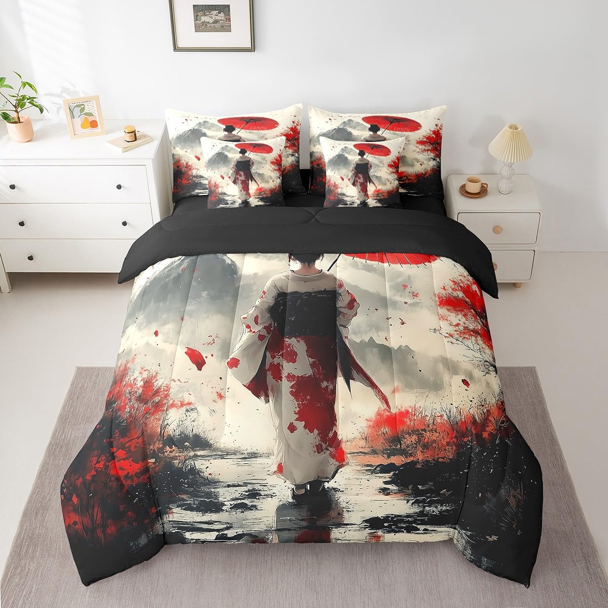 Erosebridal Aesthetic Japanese Comforter Set Twin,Japan Kimono Bedding Set 7Pcs for Girl Women Lady,Samurai Ukiyoe Quilt,Mount Fuji Bed in a Bag