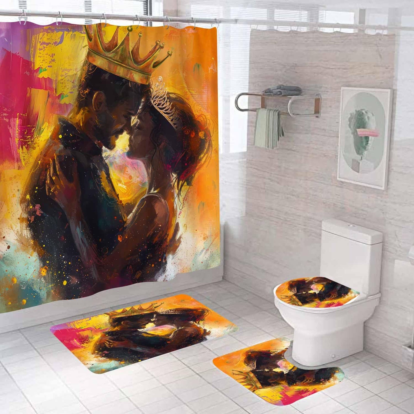 OLEBETY 4PCS African American Shower Curtain Sets with Rugs, Waterproof Fabric Shower Curtain, Oil Painting Art Romantic Black King Queen Afro Couple Lovers Luxury Gold Crown Men Women Bathroom Decor