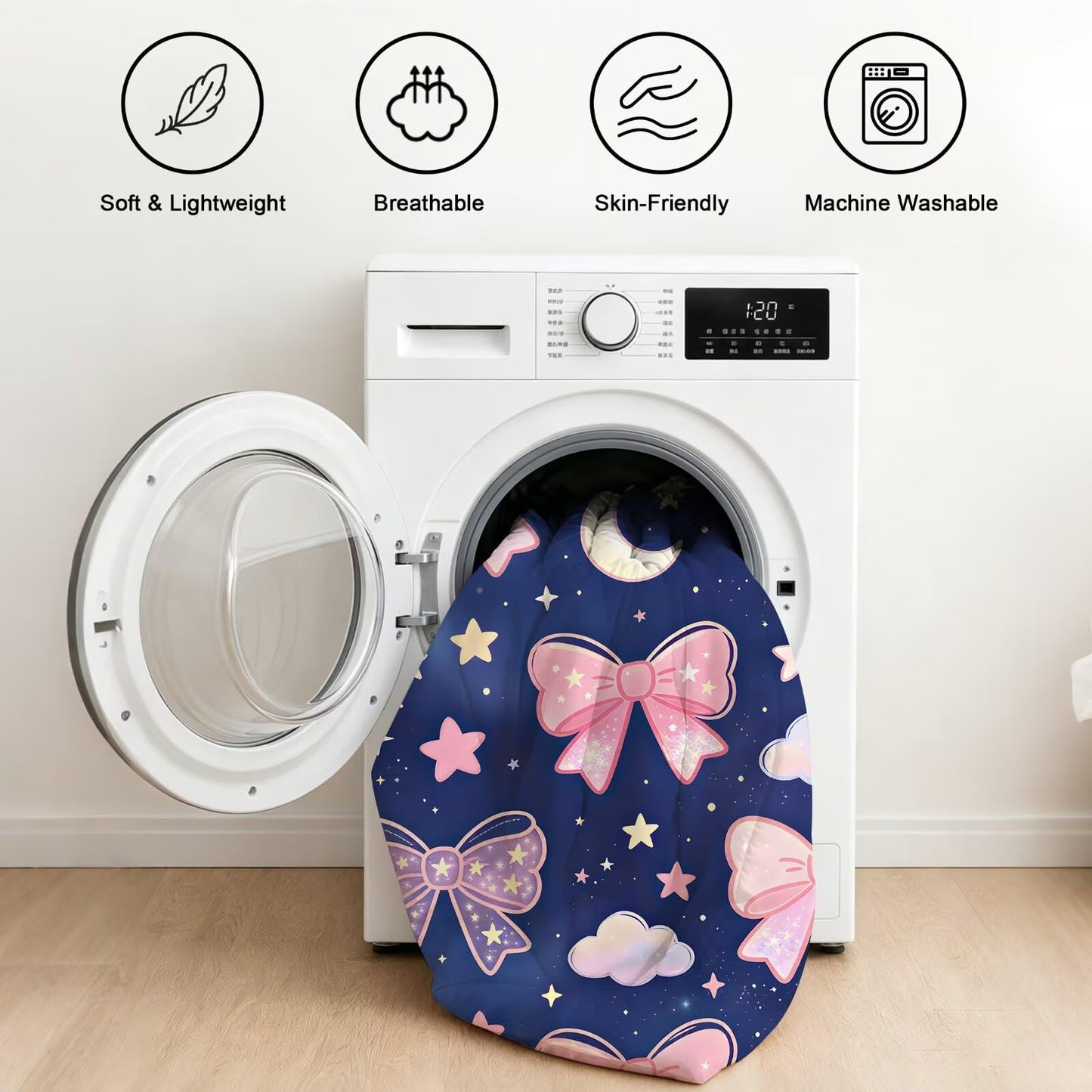 FUYEUN Pink Bow Dark Blue Night Sky 7 Piece Twin Comforter Set for Girls