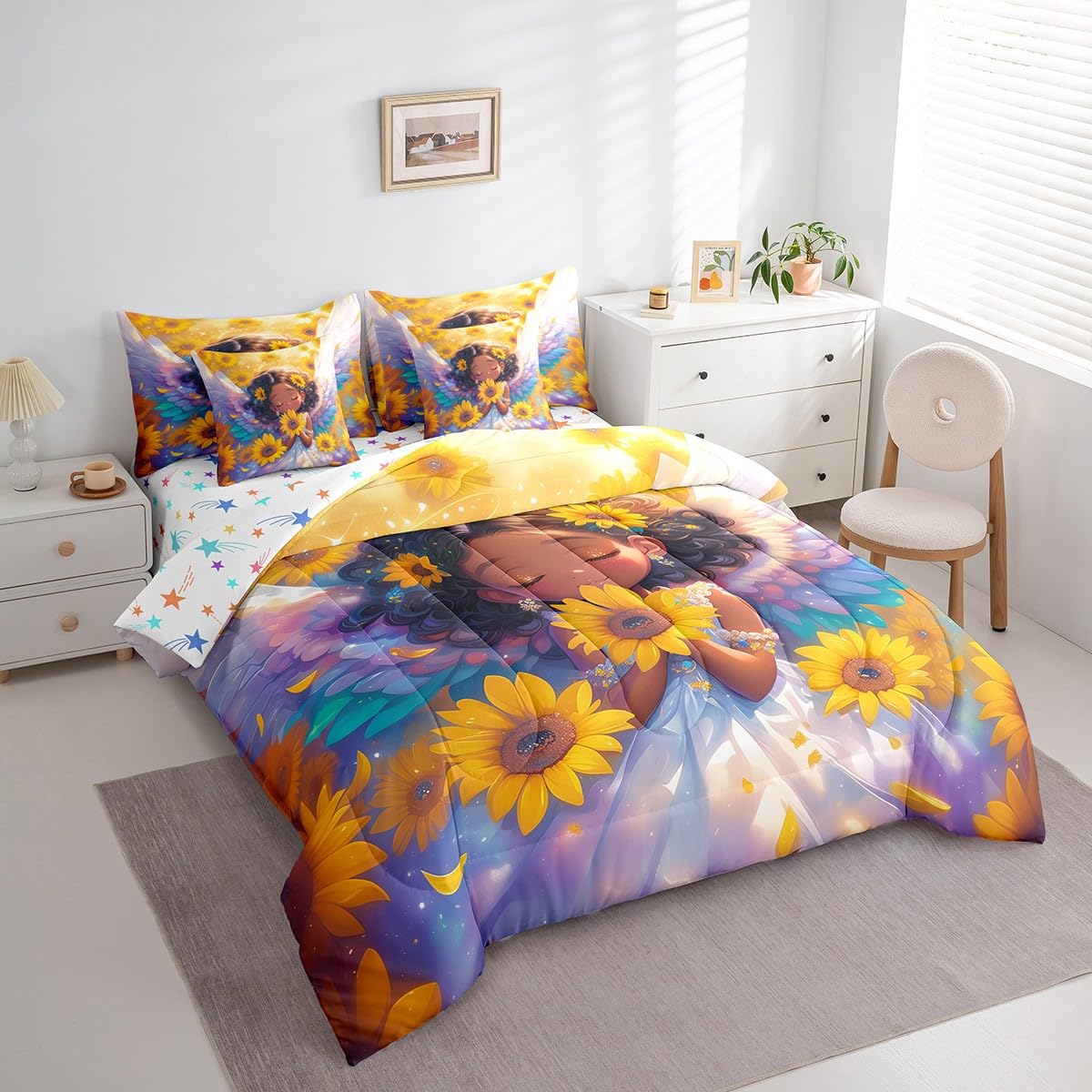 Castle Fairy Girlish Angel Bedding Set,Blooming Sunflowers Twin Comforter Set with Sheets for Kids Girls Teens Room Decor,Dreamy Angel Wings Bed in a Bag 7 Piece for Bedroom Living Room