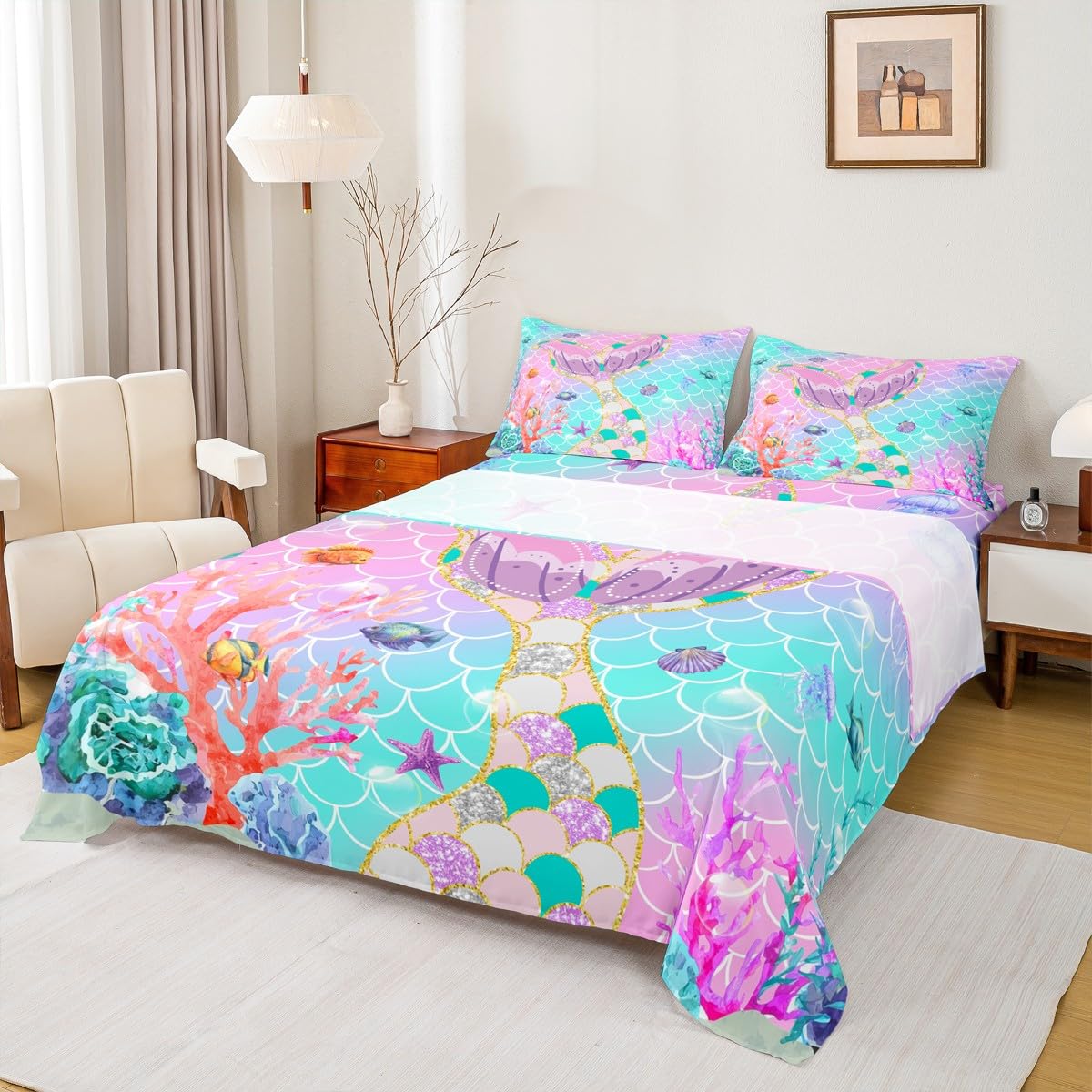 Mermaid Tail Fitted Sheet,Kids Fish Scales Bed Sheets Full,Girly Rainbow Sheet Set Ocean Life Sea Animal Flat Sheet Teal Sequins Pastel Pink Paillette Bedroom Decor,Multicolor