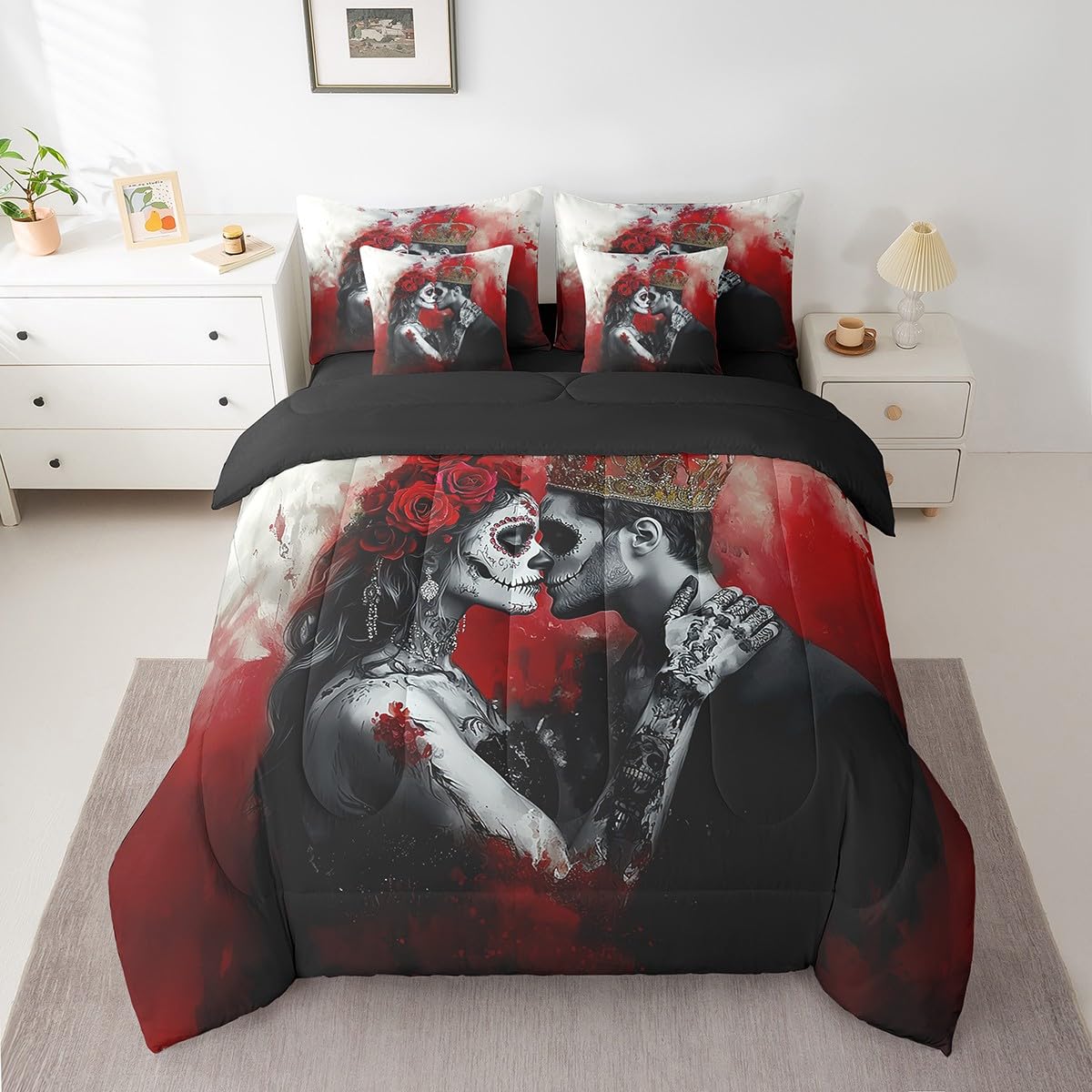 Erosebridal 3D Couple Skull Bedding Set King Size,Romantic Gothic Lover Comforter Set,Valentine's Day (Comforter+Fitted+Flat Sheet+2 Pillowcases+2 Throw Pillow Covers) 7 Pieces Blood Print Bed Set