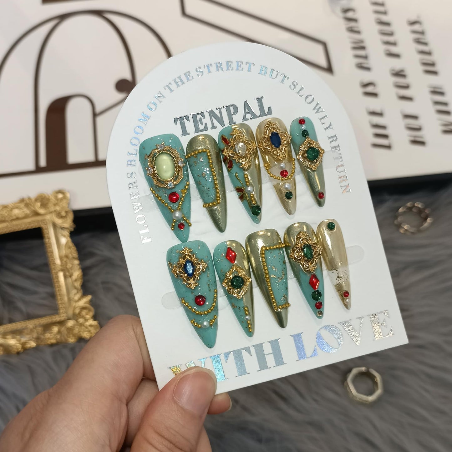TENPAL Handmade Palatial Press On Nails Long Stiletto,Heirloom Chrysoberyl & Ruby Inlaid Designs Glue on Nails, Artisan Cameo False Nails 10Pcs with Tools Kit,Reusable Wedding Fake Nails for Bride(S)