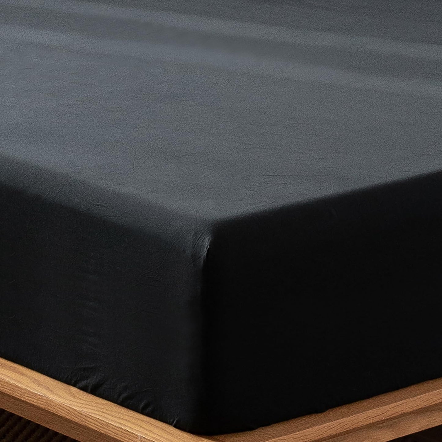 MooMee Fitted Bottom Sheet Only 100% Washed Cotton Linen Like Textured Breathable Durable Soft Comfy Deep Pocket Fits Mattress up to 17" (Black, Queen)
