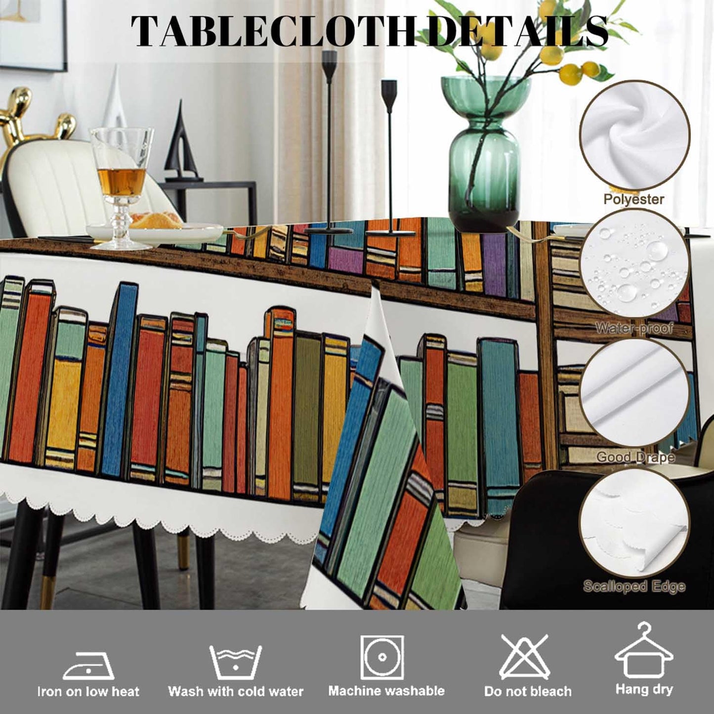 Swono 52x70 Inch Bookshelf Tablecloth Library Bookshelves Books and Ladder Farmhouse Dining Table Cloth Anti-Stain Talking Table Cover for Kitchen Dinning Room Coffee Store