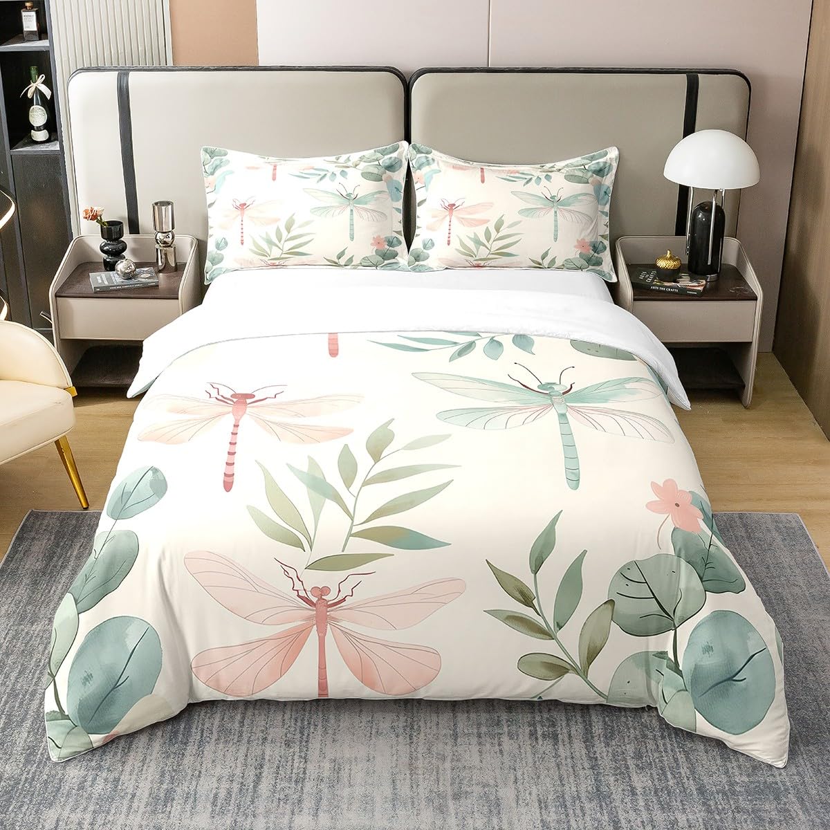 Erosebridal Dragonfly Bed Set,Minimalist Style Bedspread Cover,Green Branches Leaf Duvet Cover,Rustic Natural Garden Comforter Cover for Girls Women Lady Twin Size