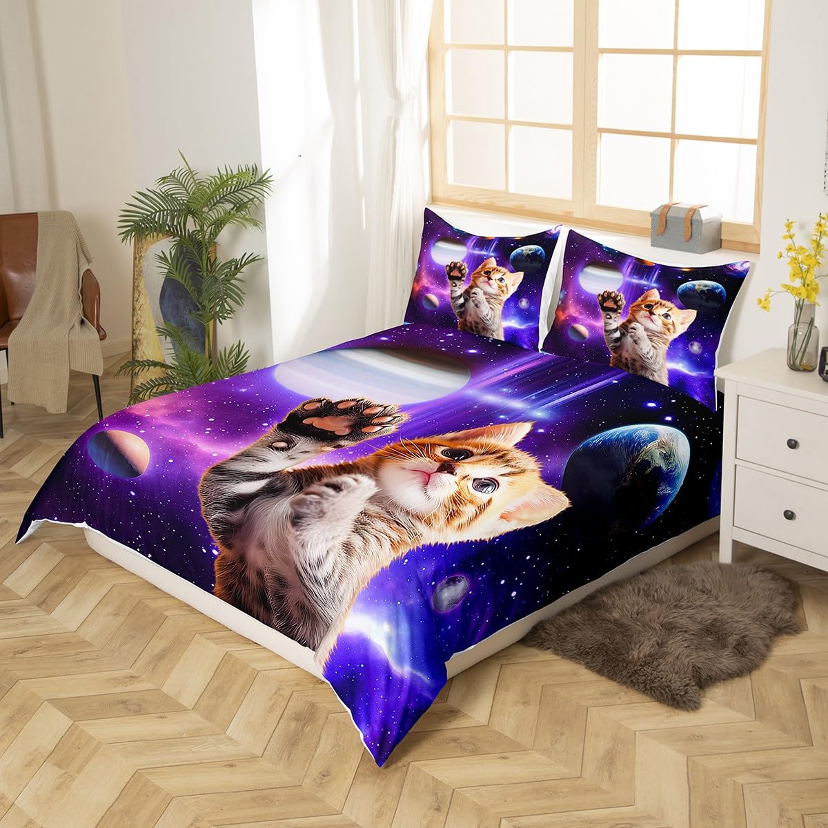 Feelyou Galaxy Cat Duvet Cover Set Universe Galaxy Bedding Set for Kids Boys Girls Cute Kitten Printed Comforter Cover Outer Space Planets Quilt Cover Bedroom Collection 3Pcs Full Size