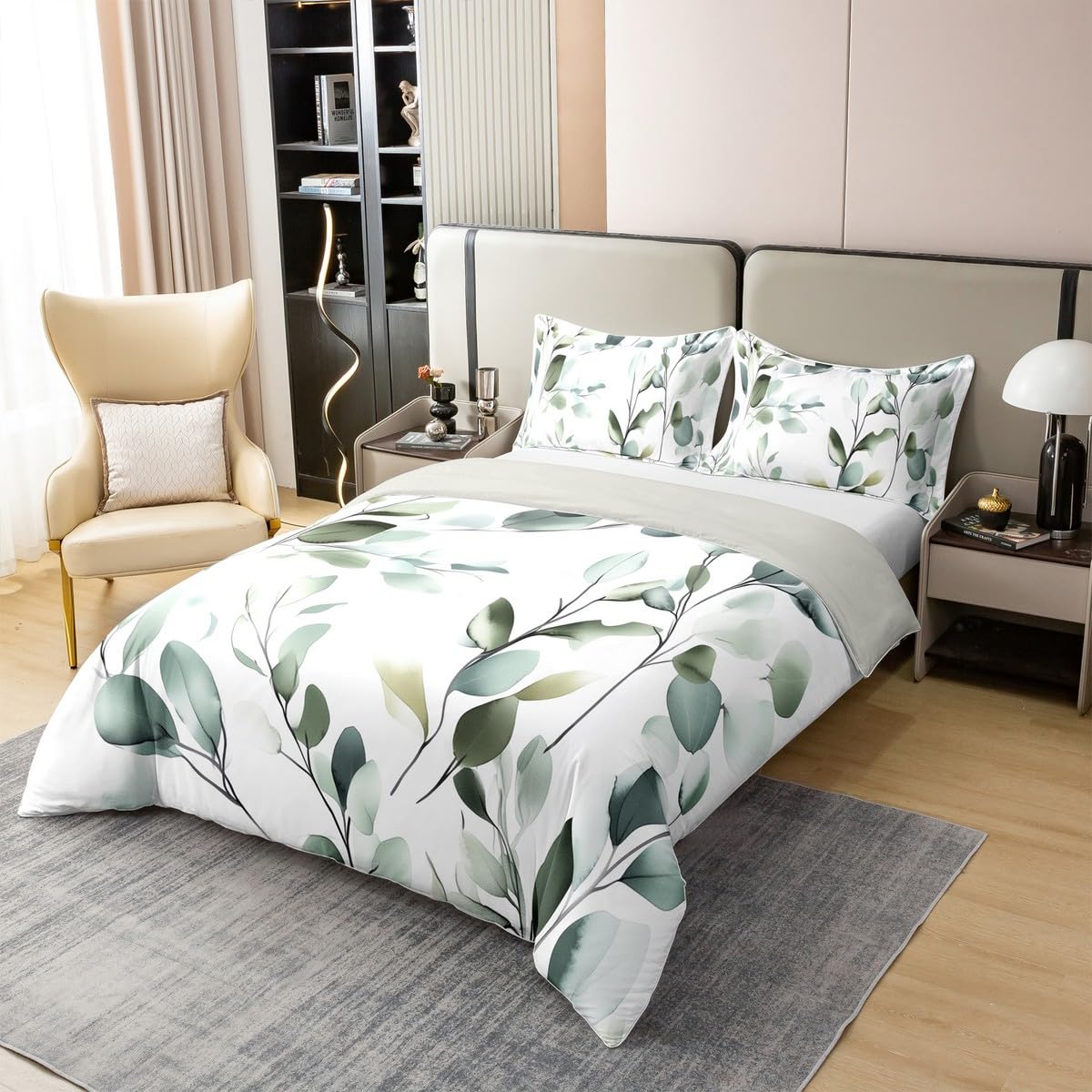 Erosebridal Sage Green Full 100% Cotton Duvet Cover, Spring Botanical Leaves Bedding Set for Kids Teens Adults Women Men, Watercolor Plants Comforter Cover, Mint Green Chic Artistic Bedclothes